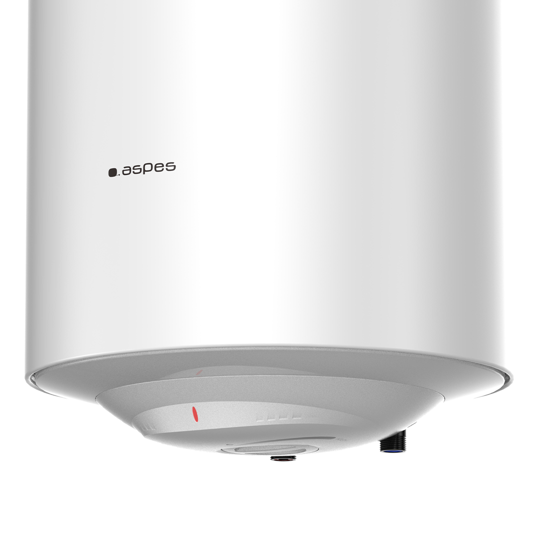 Un calentador de agua blanco con base plateada y luz indicadora roja.