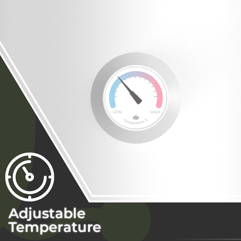 Un termómetro muestra baja temperatura, con texto 'Adjustable Temperature'.