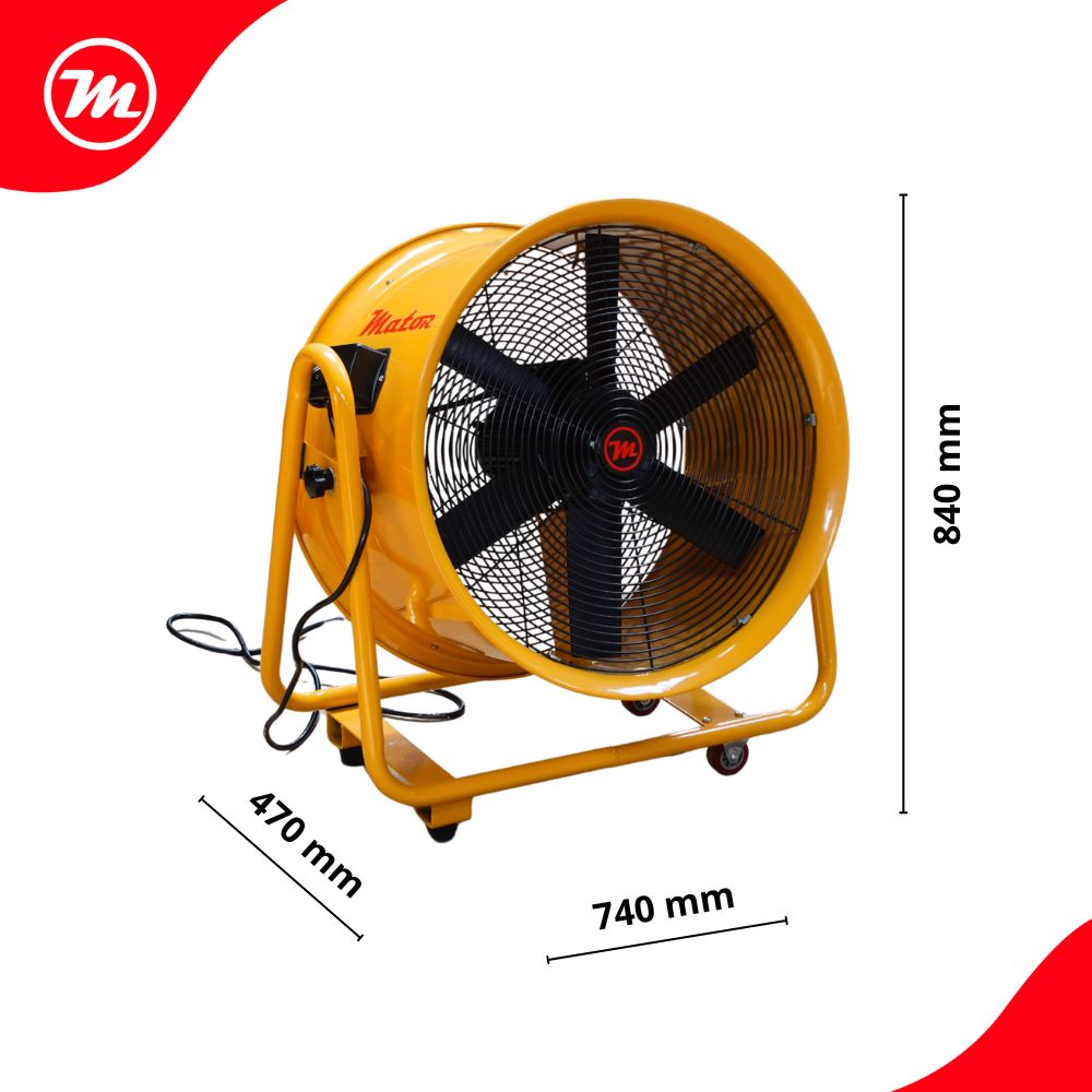 Un ventilador industrial amarillo con aspas negras y rejilla protectora.