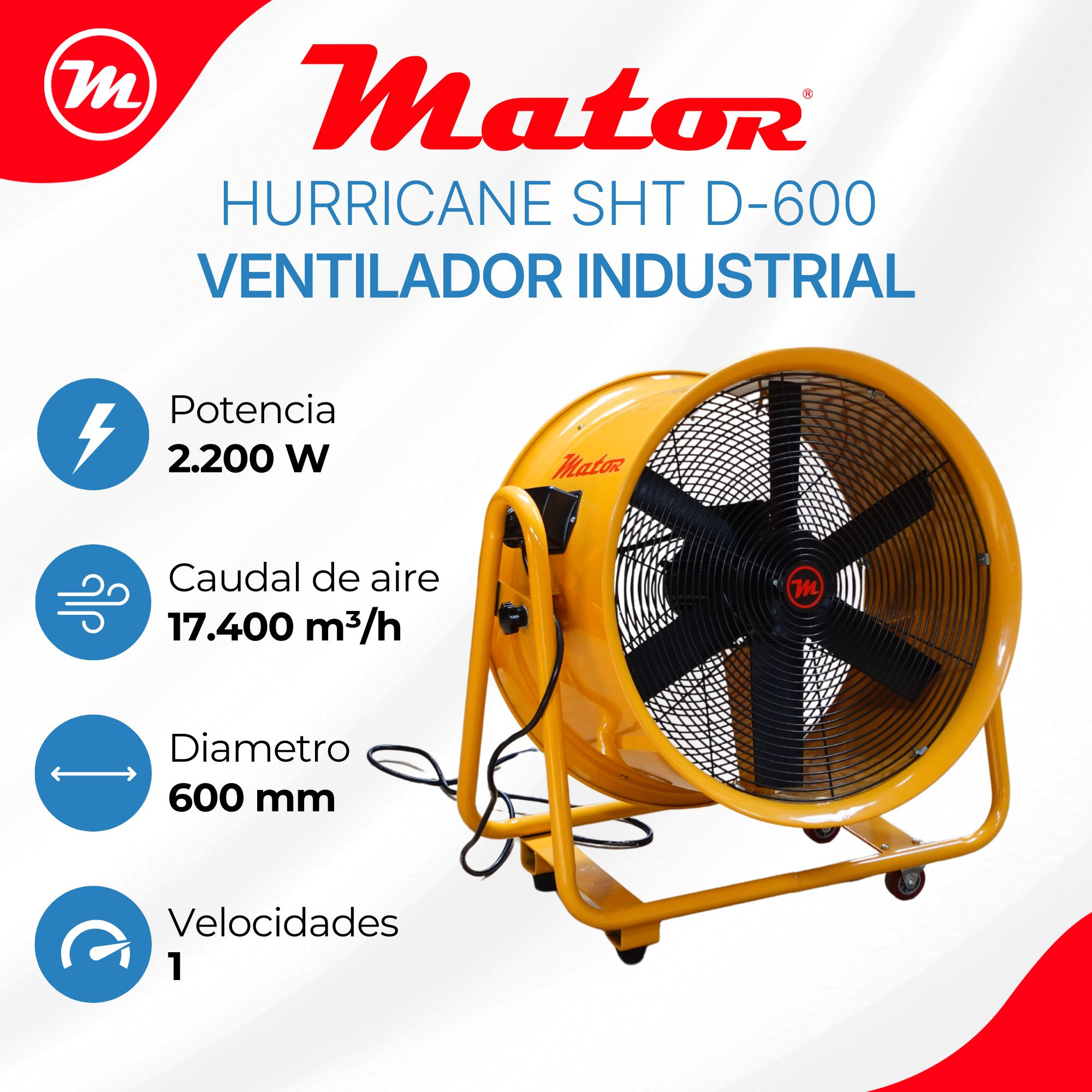 Un ventilador industrial amarillo Mator con potencia, caudal, diámetro y velocidad.