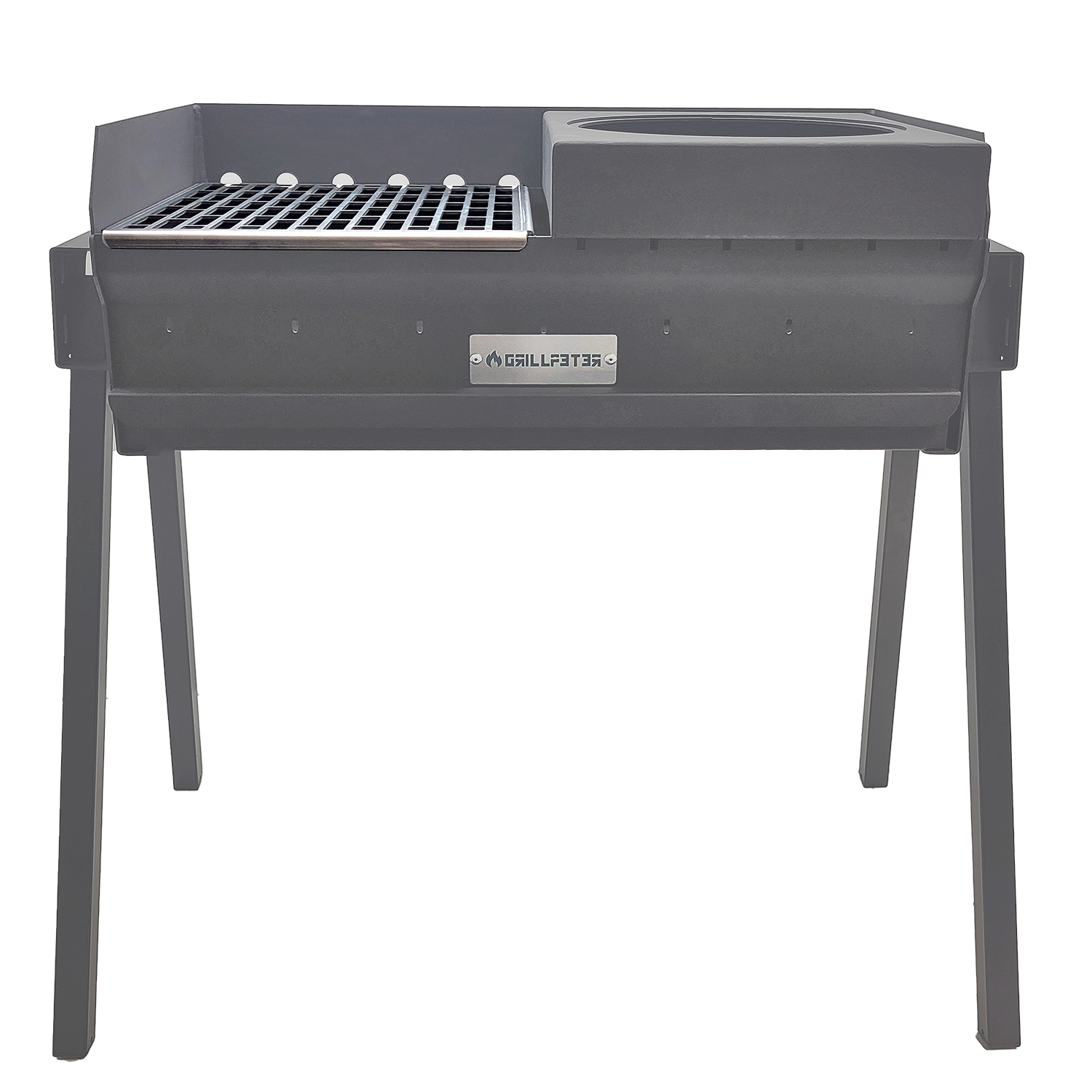 Ein grauer Grill mit Metallrost und vier Beinen.