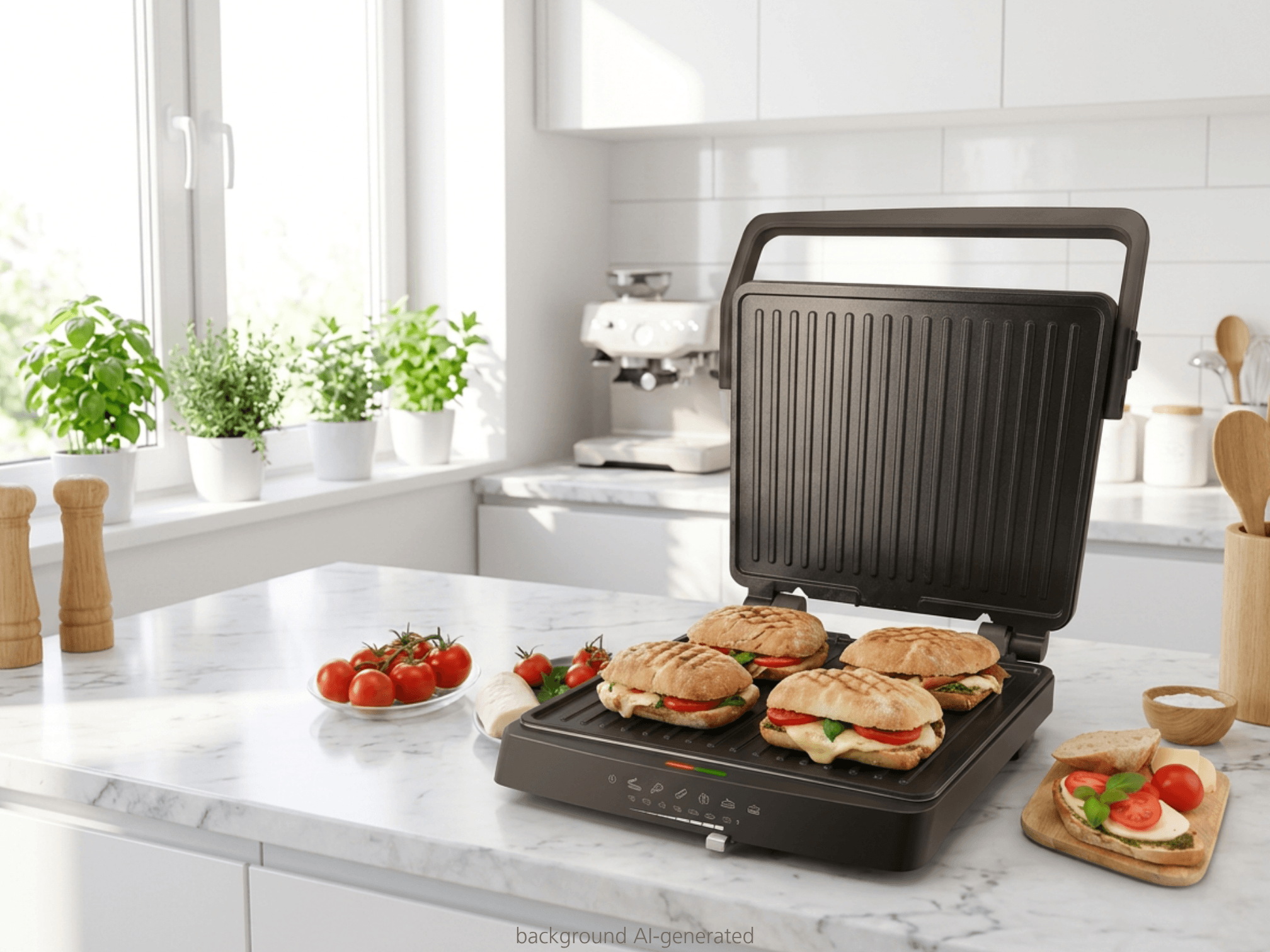 Ein offener Kontaktgrill mit vier Sandwiches, Tomaten und Gewürzstreuern.