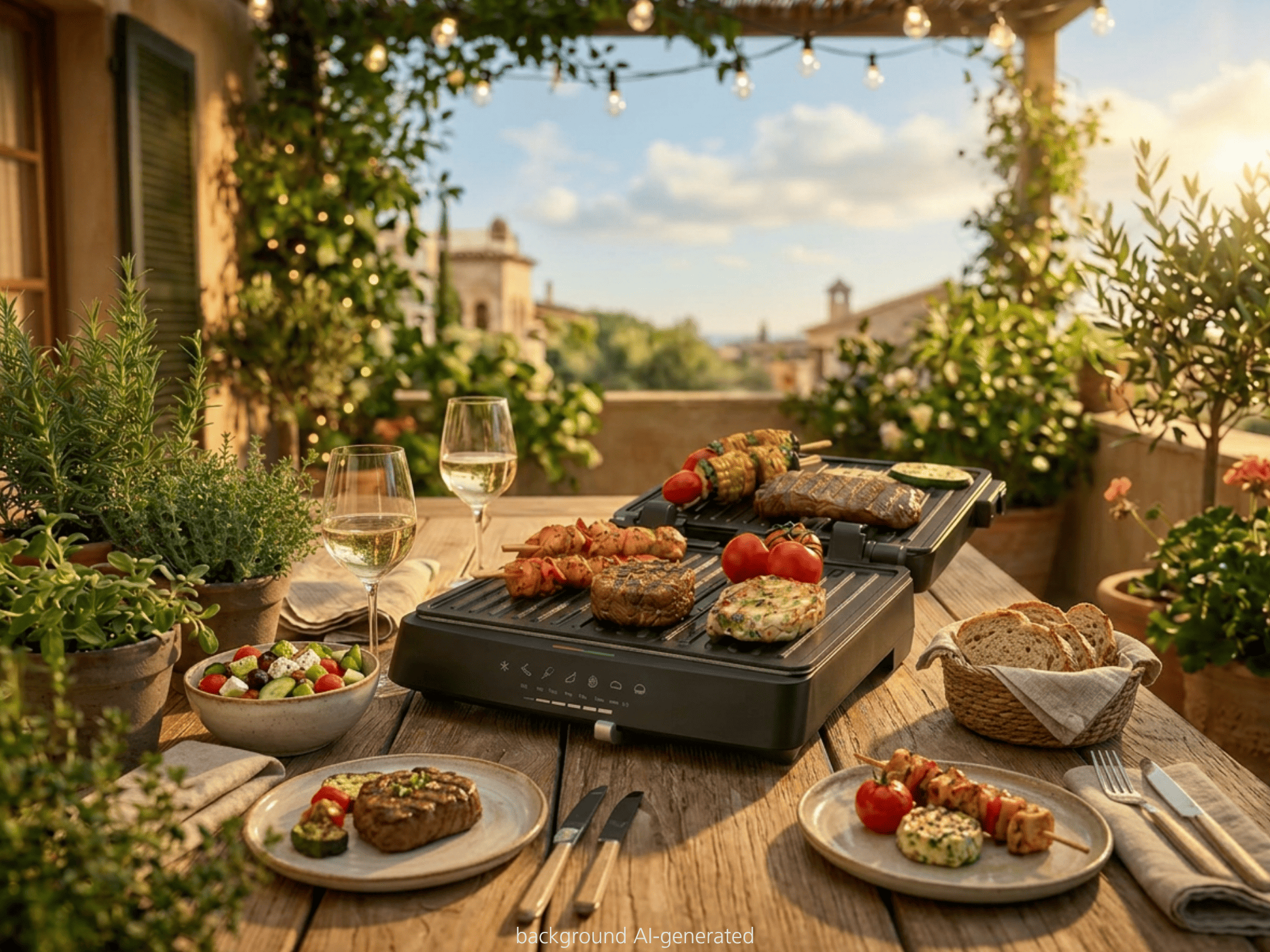 Ein Grill mit Essen, Wein, Salat und Brot auf einem Holztisch im Freien.