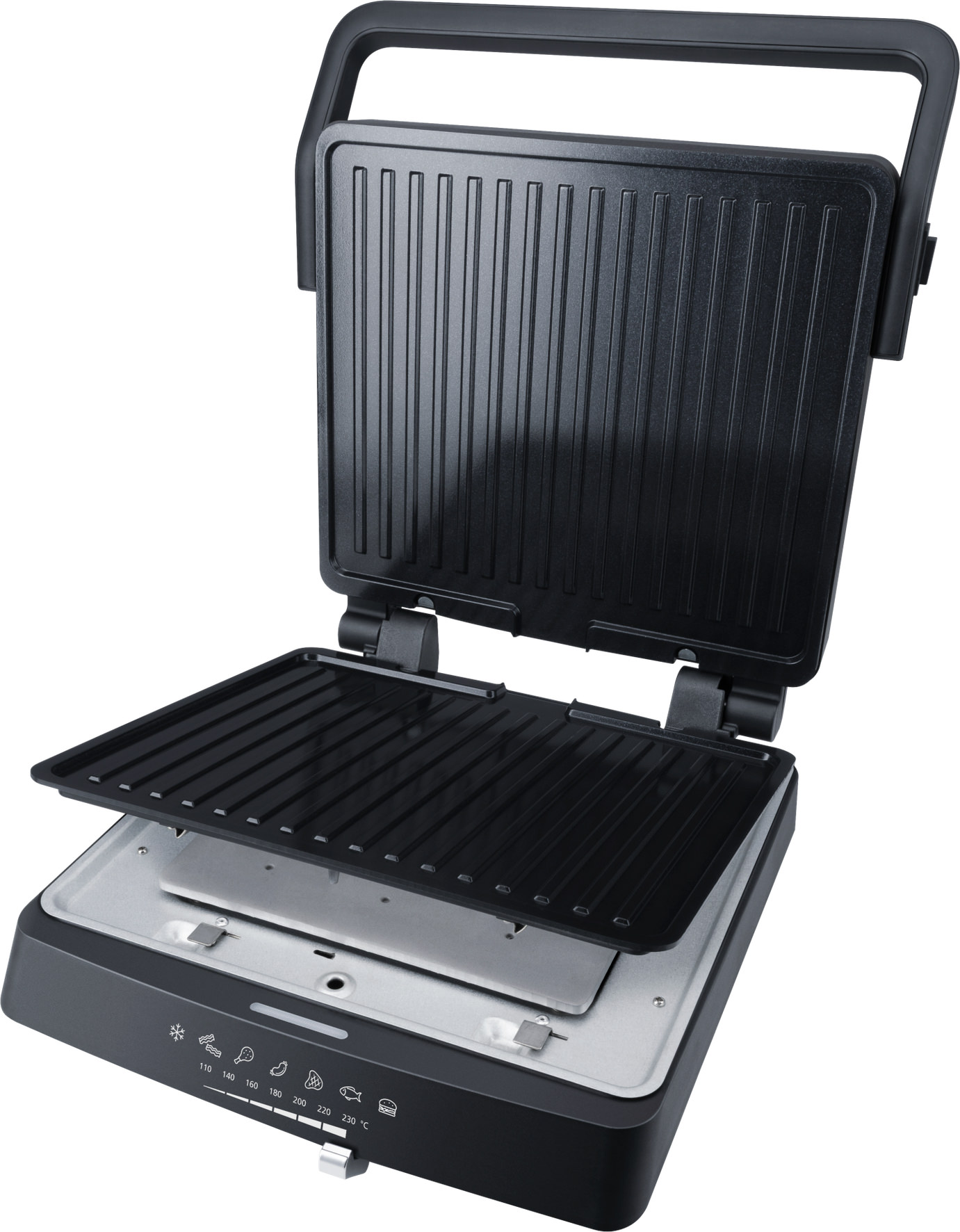 Ein offener schwarzer Kontaktgrill mit geriffelten Grillplatten und Bedienelementen.