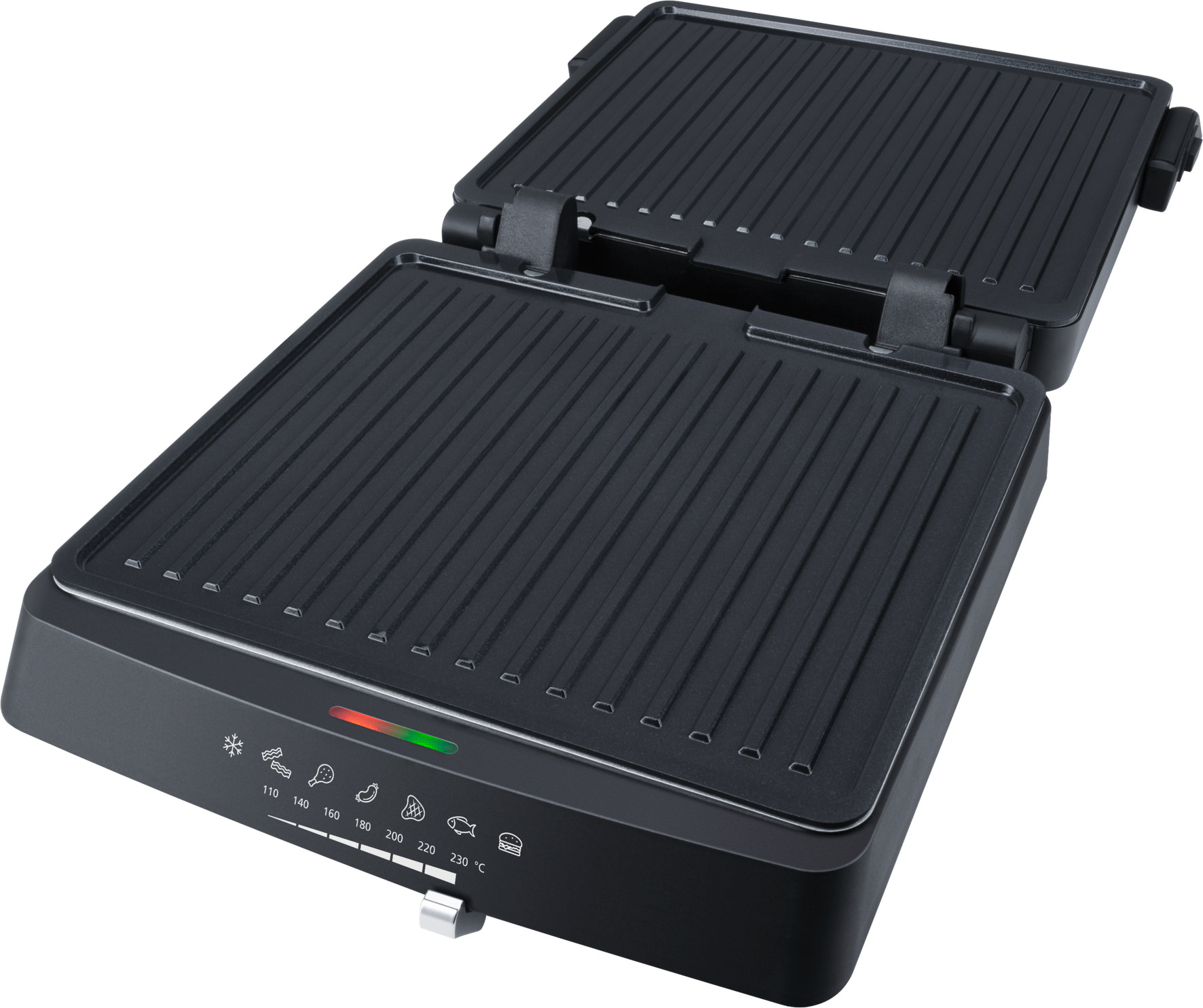 Eine schwarze Kontaktgrill mit offenen Deckeln und Temperaturanzeige.