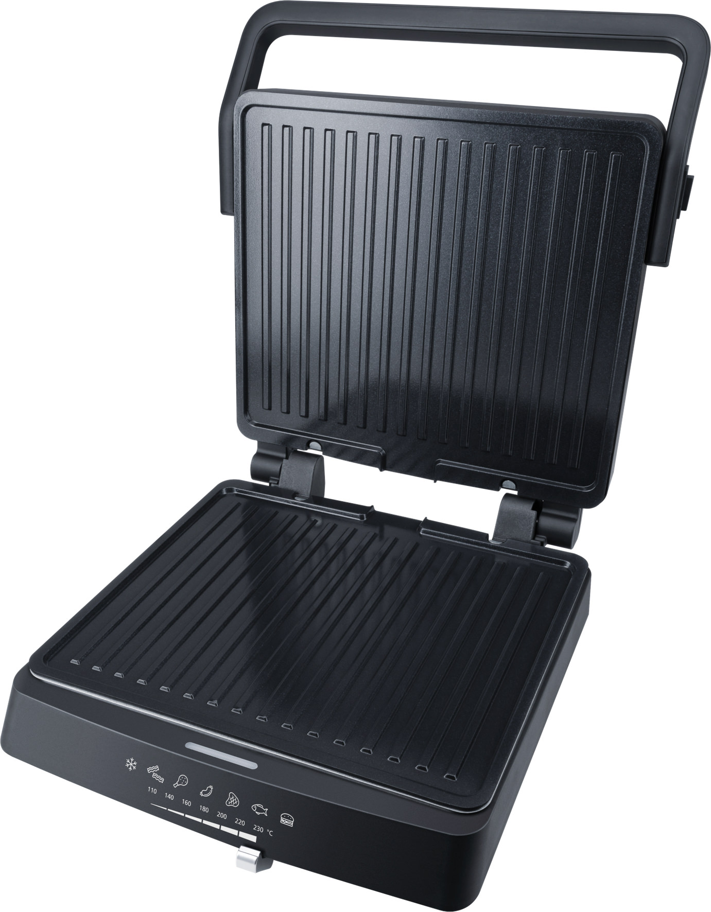 Ein offener, schwarzer Kontaktgrill mit geriffelten Platten und Bedienelementen.