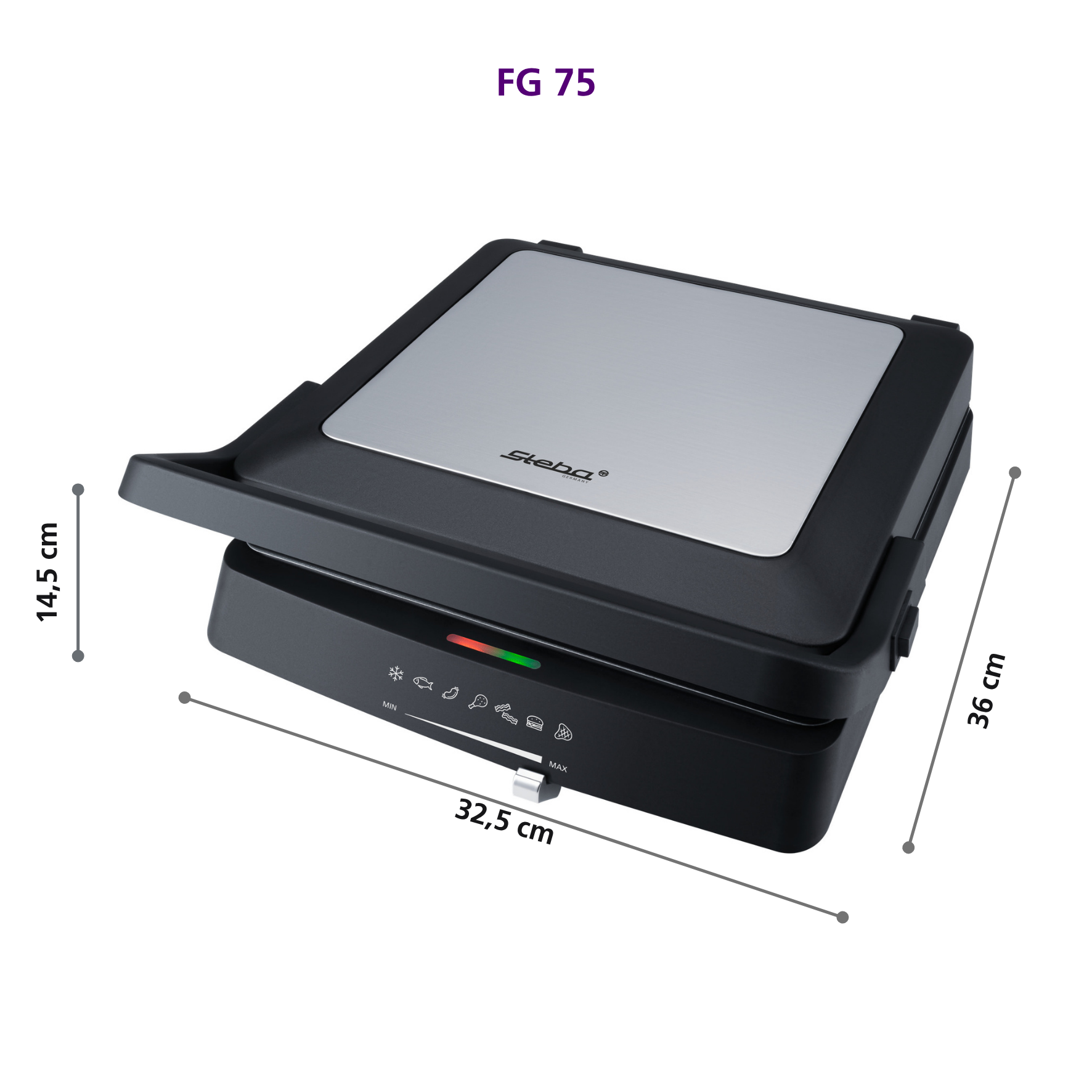 Ein geschlossener schwarzer Kontaktgrill mit silberner Oberseite, Modell FG 75.