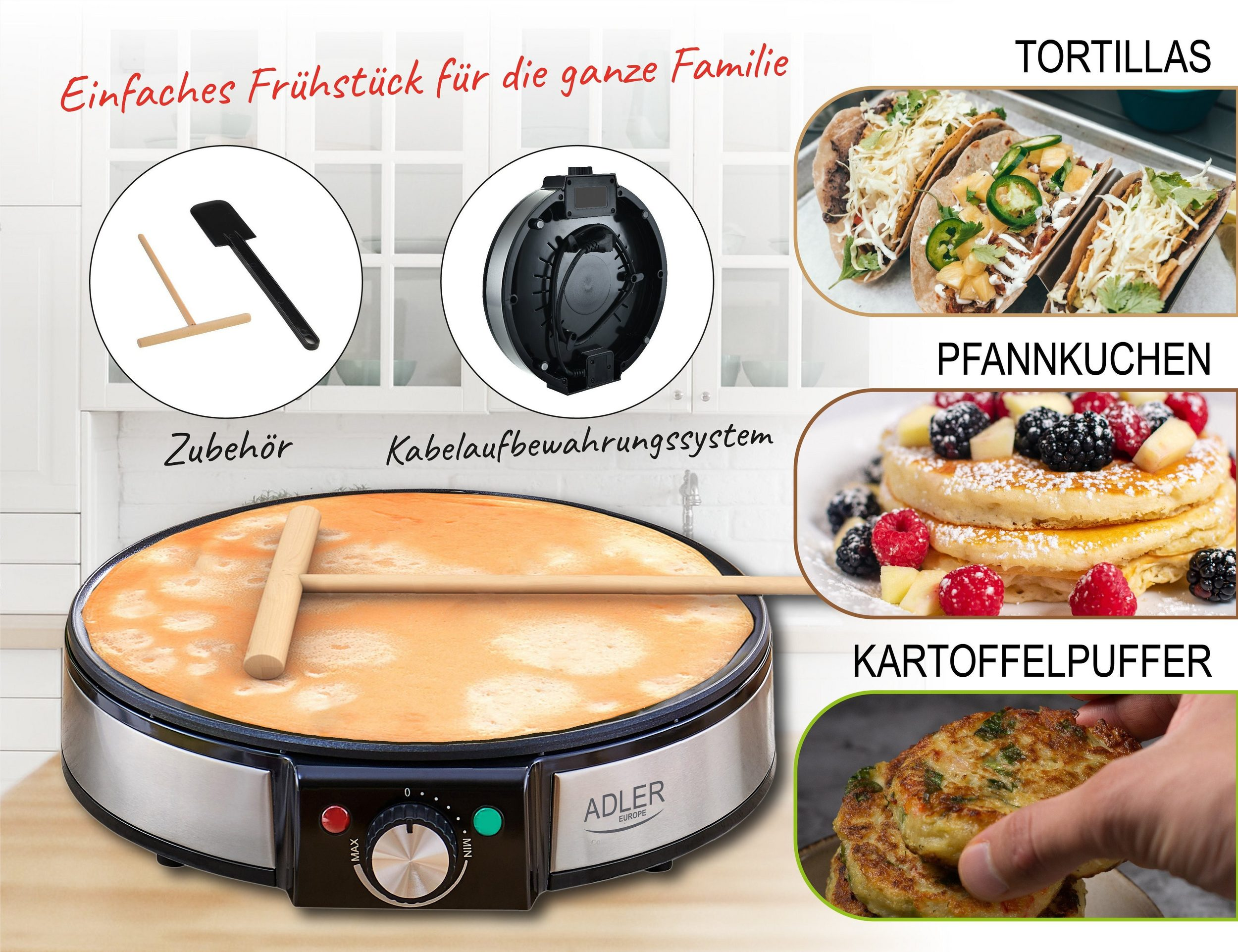 Ein Crêpes-Maker mit Zubehör, Tortillas, Pfannkuchen und Kartoffelpuffern.