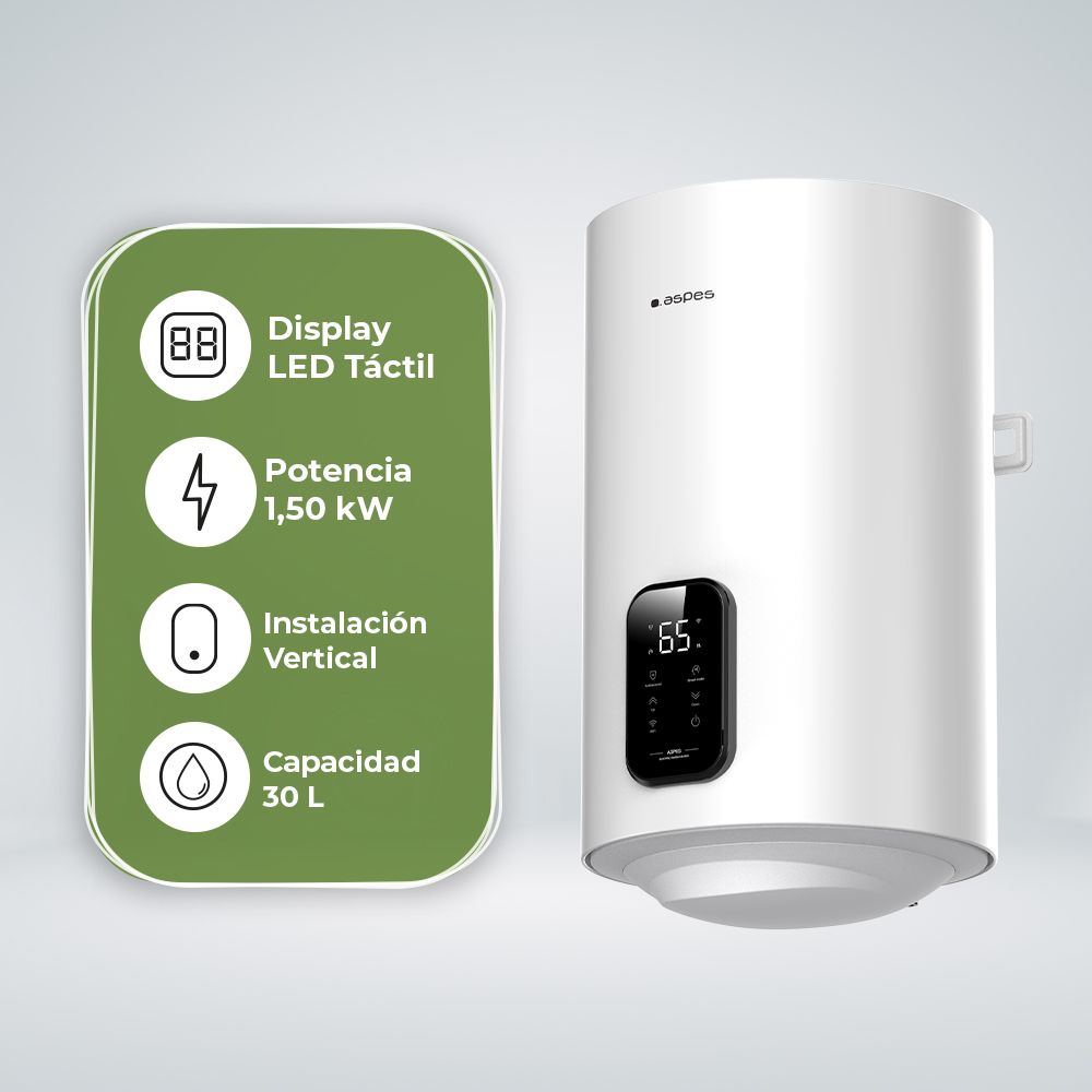 Calentador de agua blanco con pantalla LED, potencia 1,50 kW, instalación vertical, 30L.