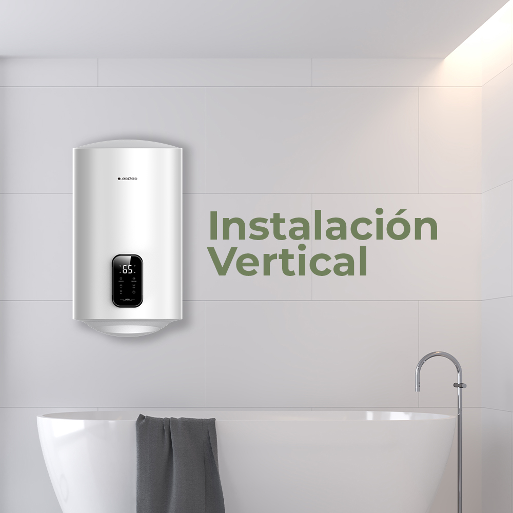 Un calentador de agua blanco con pantalla sobre una bañera blanca con toalla gris.