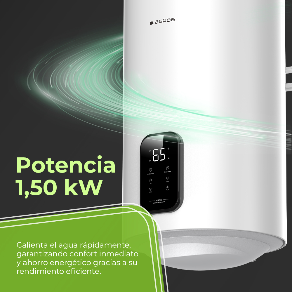 Un calentador de agua blanco con pantalla digital de 65°C y gráficos de efecto energético verde.