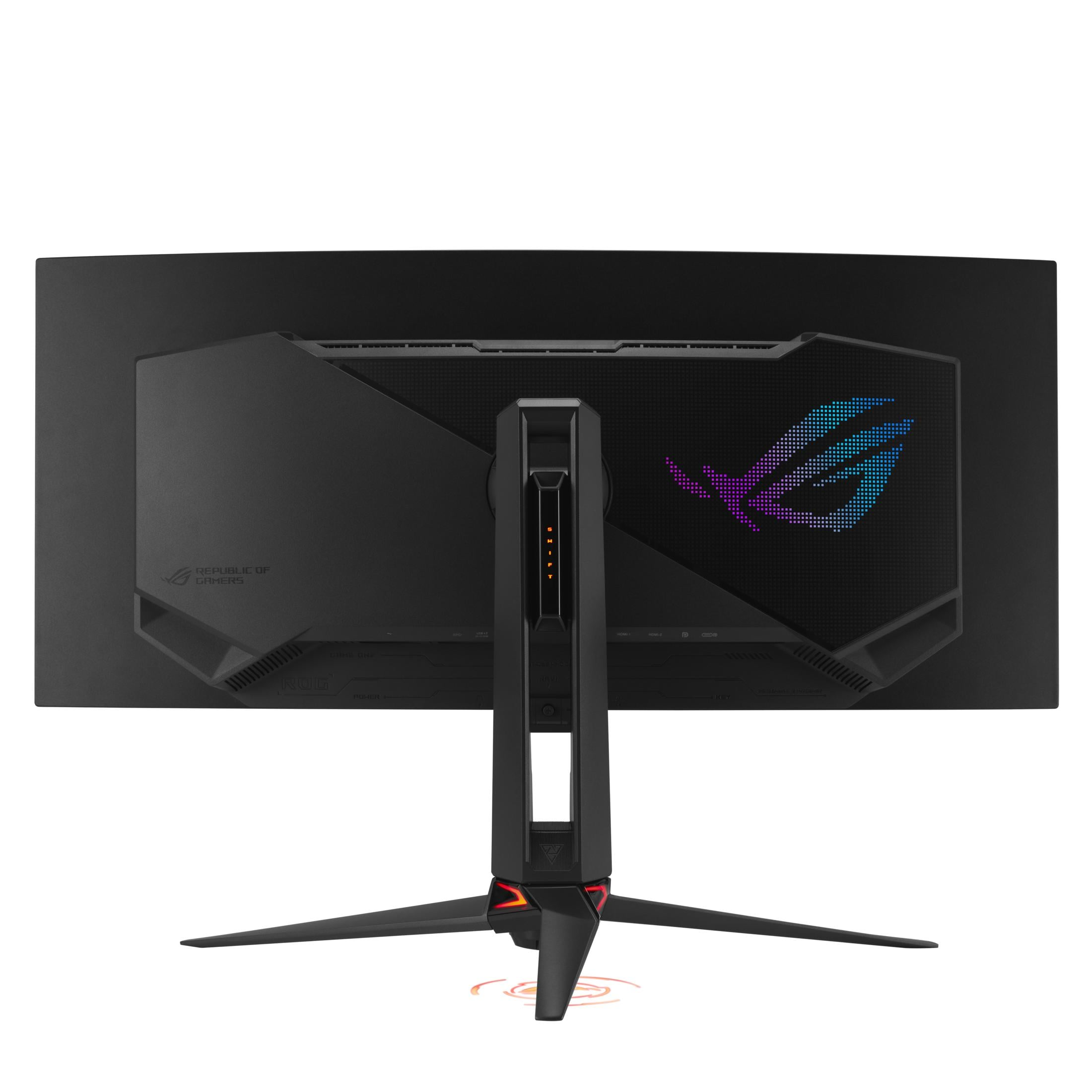 Rückseite eines schwarzen Gaming-Monitors mit RGB-Logo, Ständer und Anschlüssen.