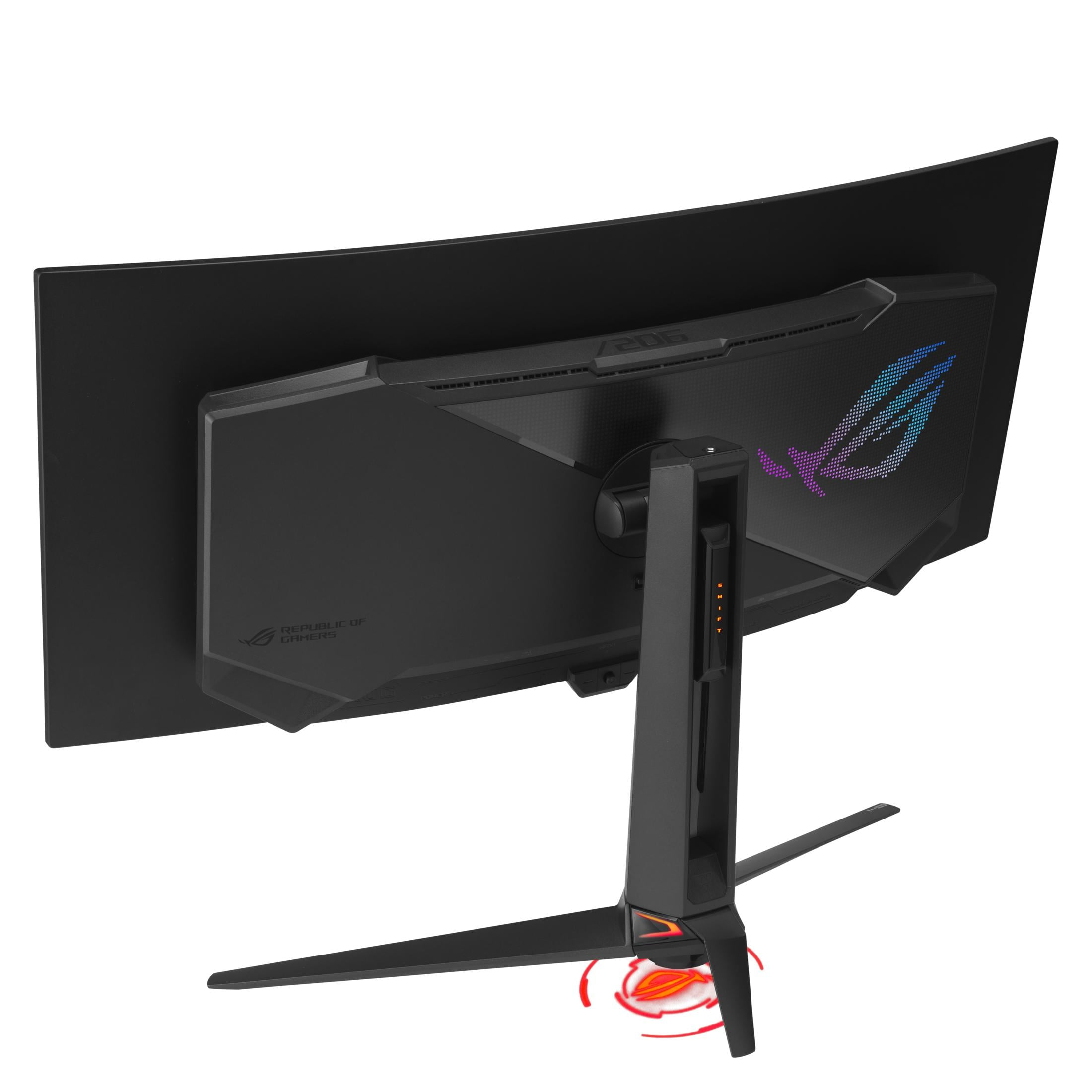 Ein schwarzer, gebogener Gaming-Monitor mit beleuchtetem Logo auf der Rückseite.