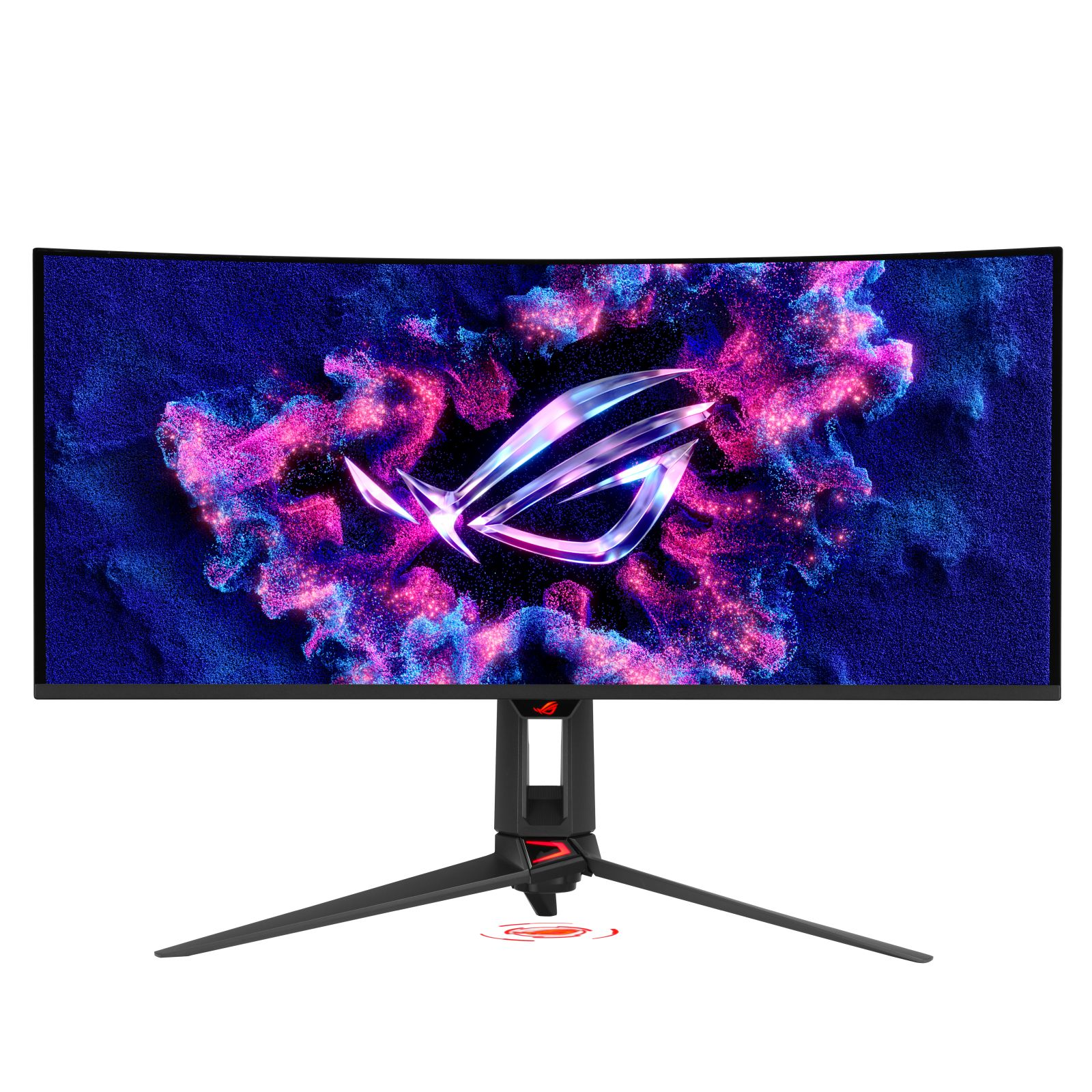 Ein gebogener Gaming-Monitor mit dem ROG-Logo und einem kosmischen Hintergrund.