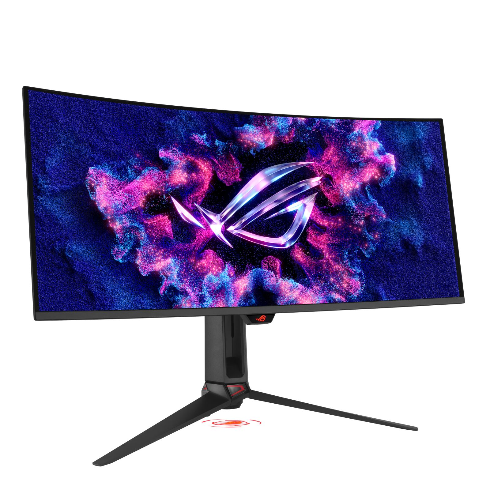 Ein gebogener Gaming-Monitor mit dem ROG-Logo auf einem Hintergrund aus blauem und pinkem Partikelnebel.