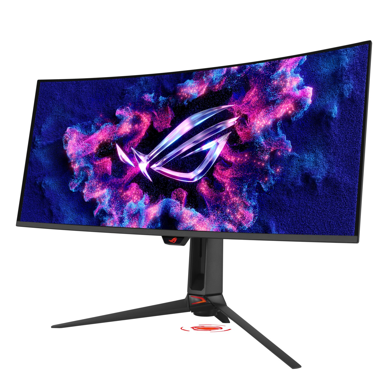 Ein gebogener Gaming-Monitor mit dem ROG-Logo auf einem Hintergrund aus blauem und rosa Nebel.
