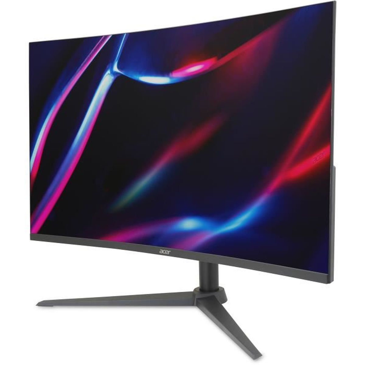 Un monitor da gaming curvo mostra uno sfondo dinamico rosso e blu.