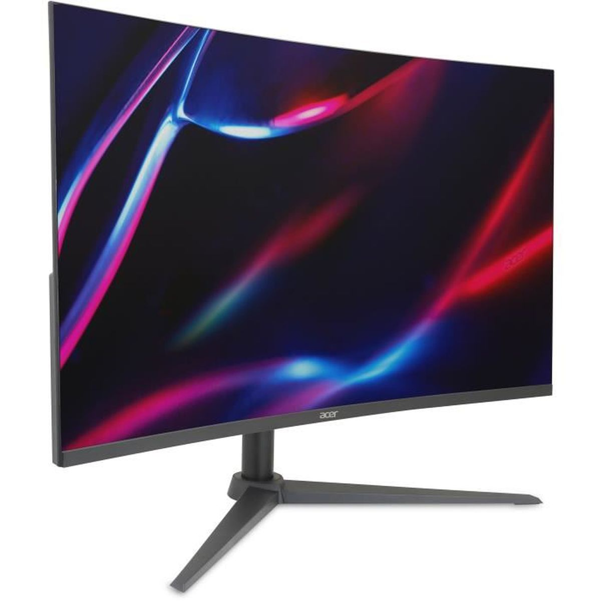 Monitor curvo Acer con striature di luce astratte blu e rosse su sfondo scuro.
