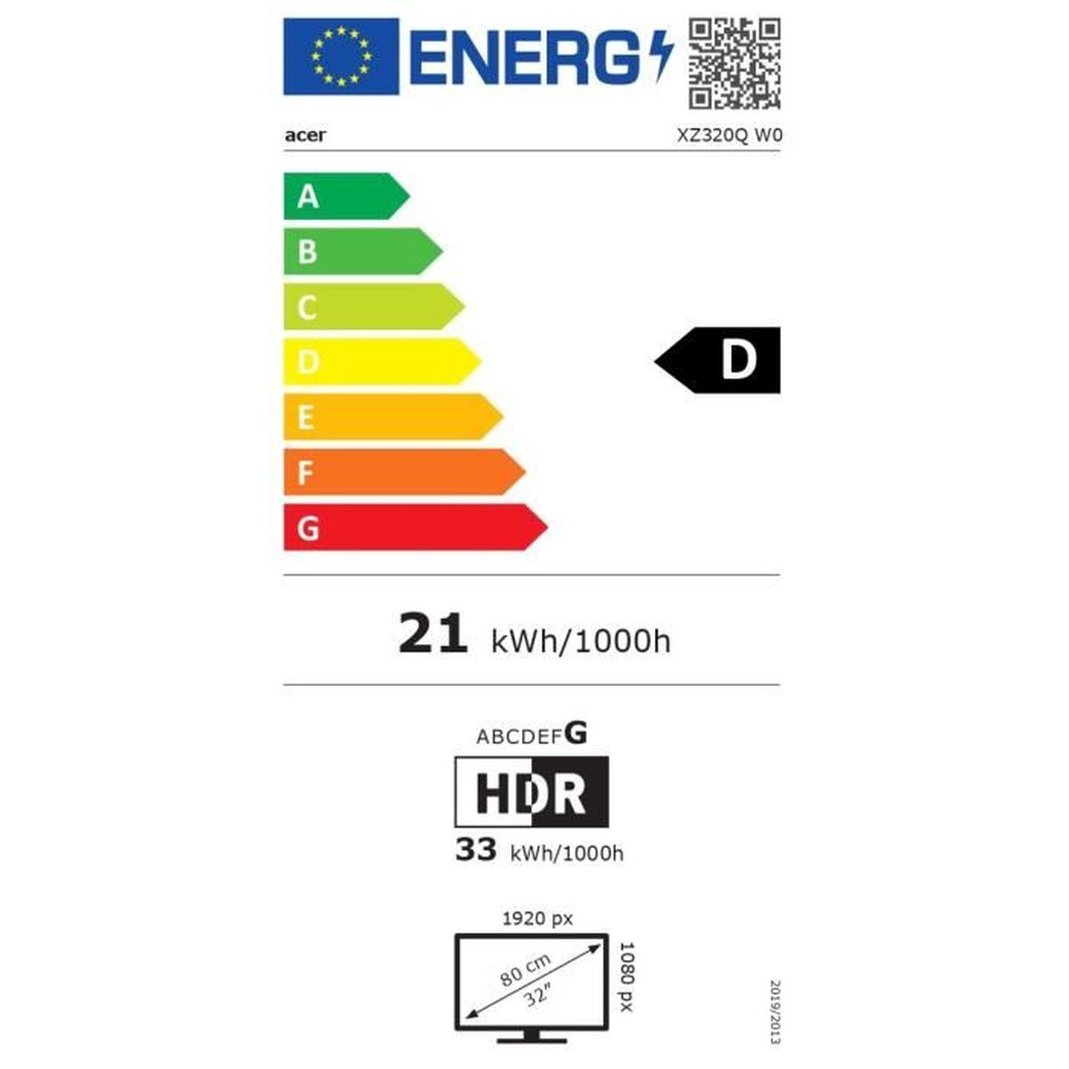 Etichetta energetica logo Acer, scala A-G, classe D selezionata.