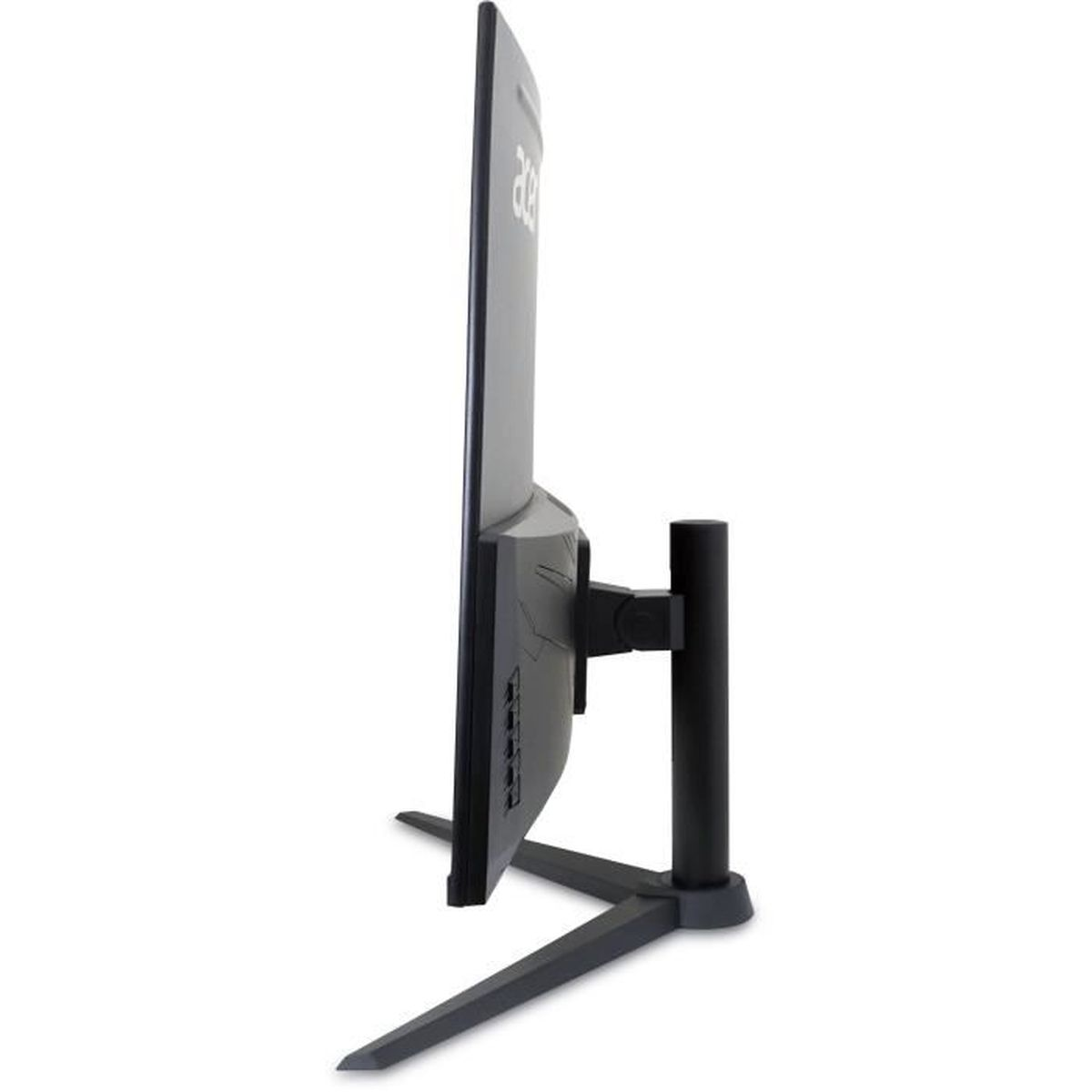 Vista laterale di un monitor curvo nero su supporto su sfondo bianco.