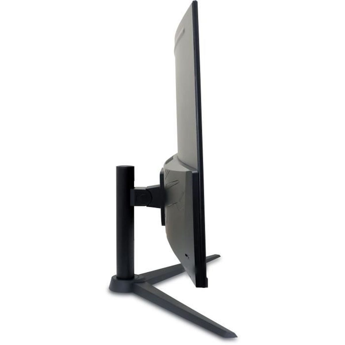 Vista laterale di un monitor curvo nero su un supporto con sfondo bianco.