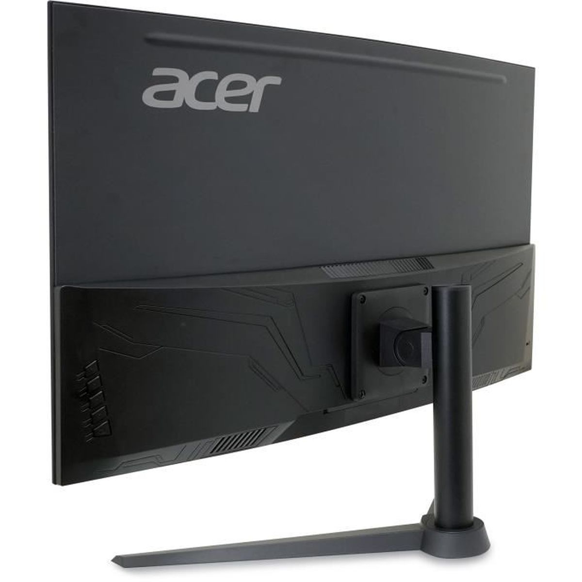 Vista posteriore di un monitor Acer nero con schermo curvo e supporto.