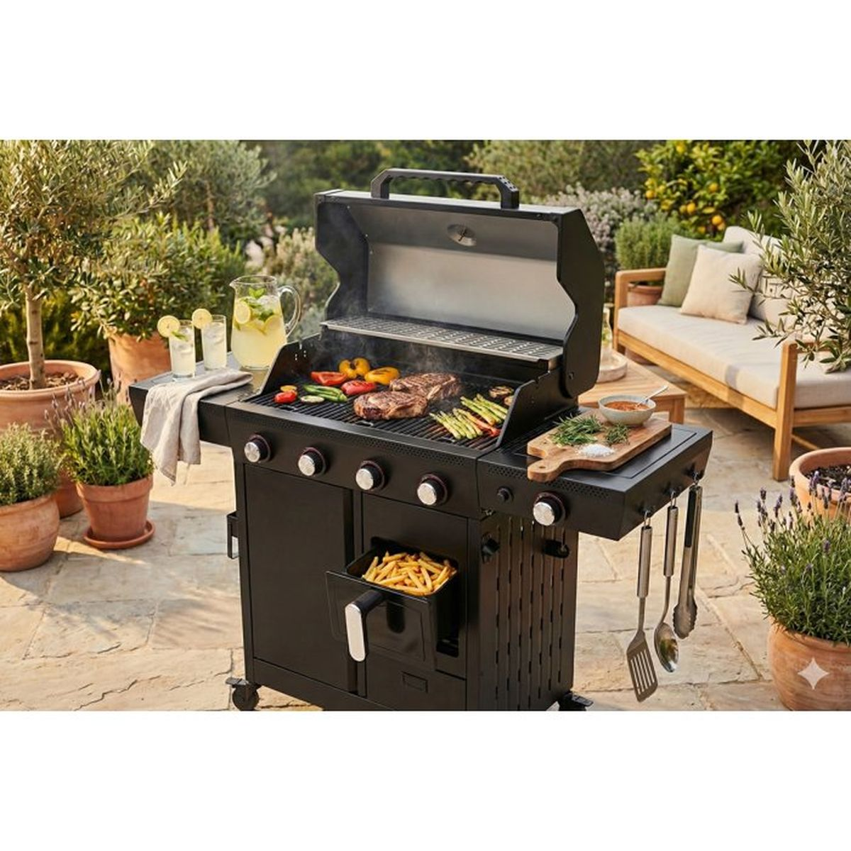 Ein schwarzer Grill mit Fleisch, Gemüse und Pommes im Freien.