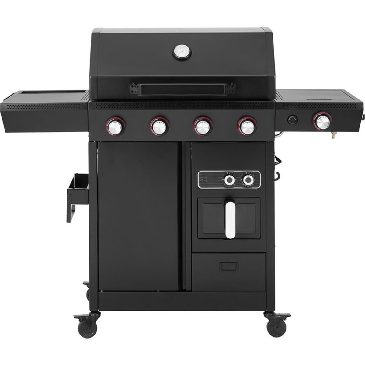 Ein schwarzer Gasgrill mit vier Kochknöpfen und seitlichen Ablagen.