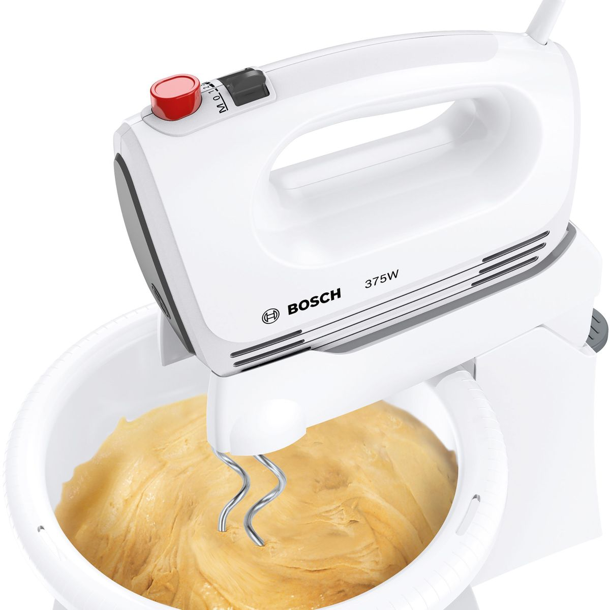 Un frullatore a mano Bosch bianco con fruste per impasto in una ciotola di impasto.
