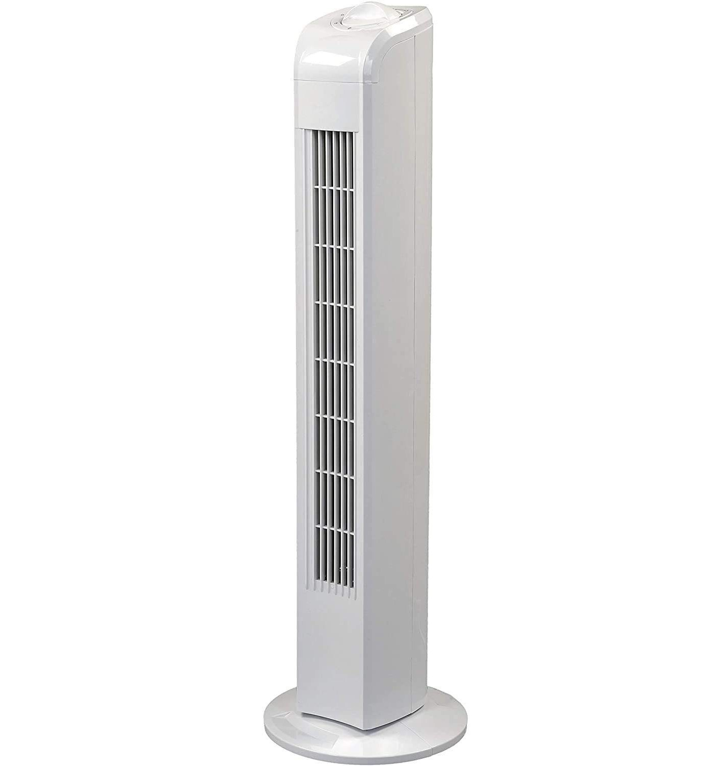 Ein schlanker, weißer Turmventilator mit einem runden Sockel und Lüftungsschlitzen.