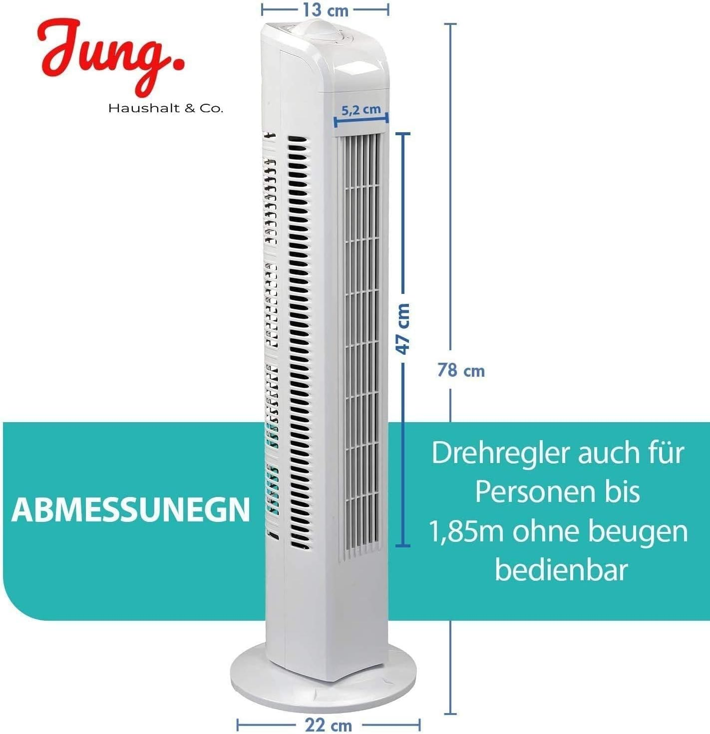 Ein weißer Turmventilator mit Maßen und der Marke Jung.