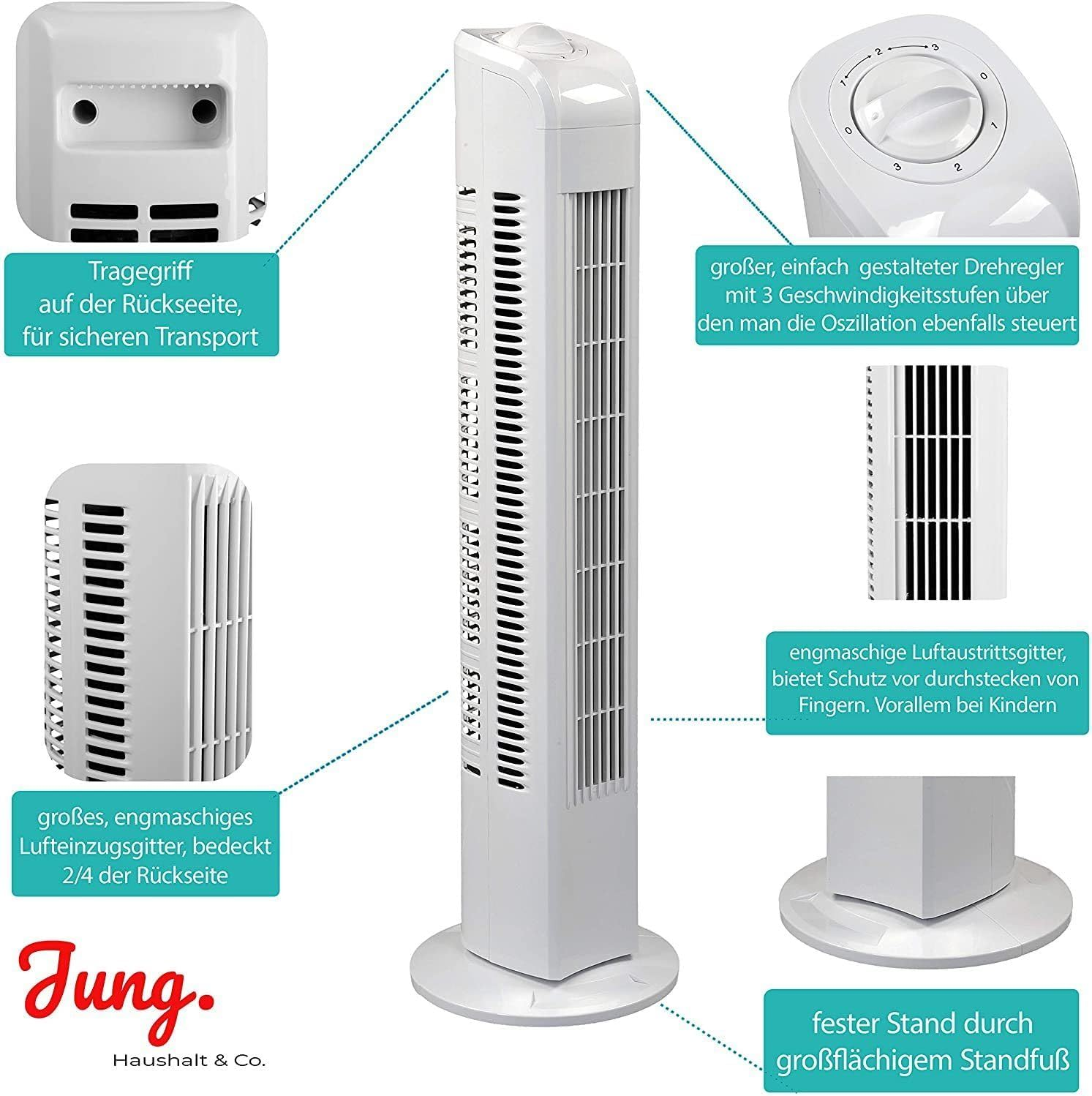 Ein weißer Turmventilator mit Tragegriff, Drehregler und Schutzgittern.