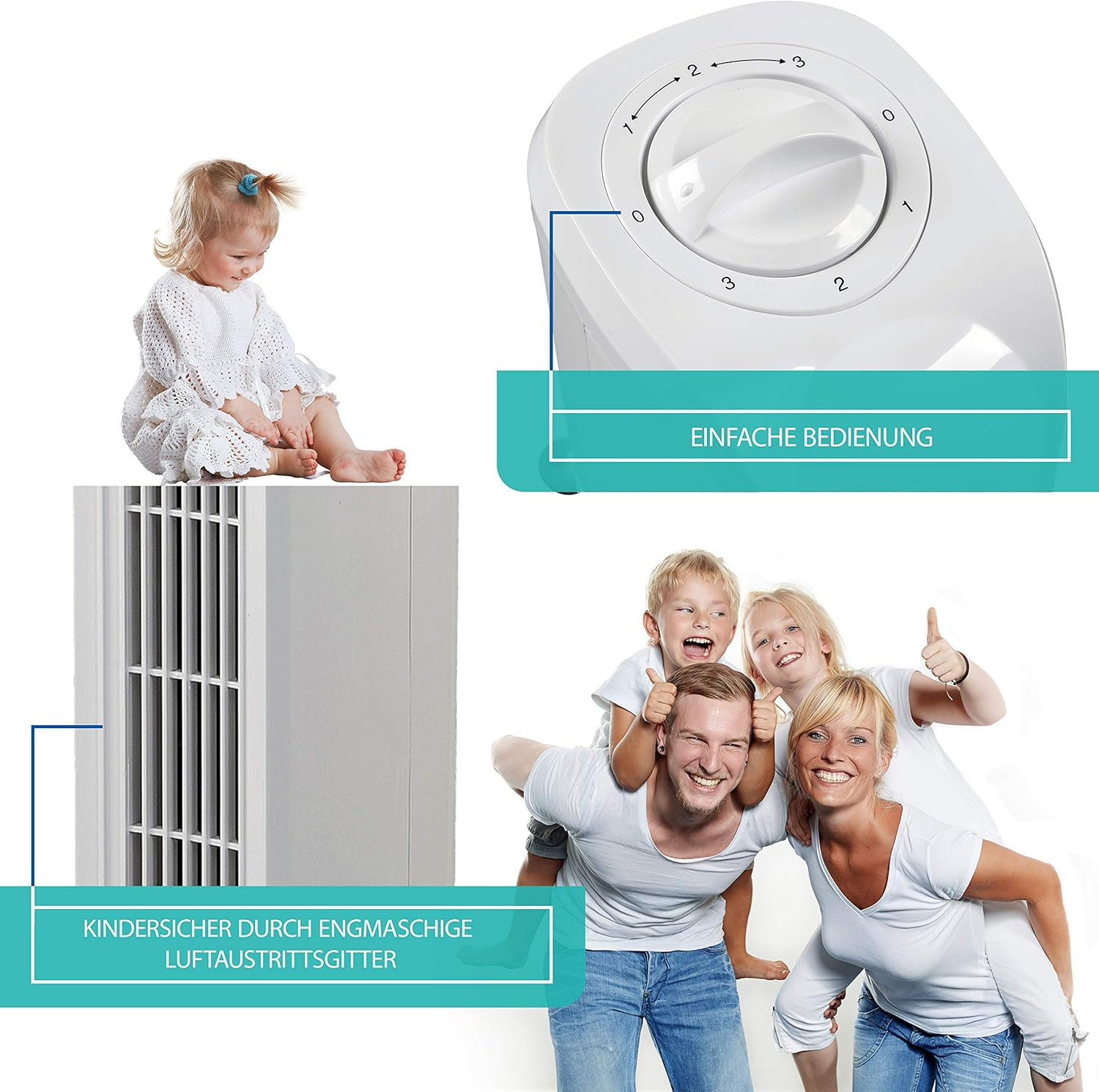 Familie und Kleinkind mit weißem Gerät und Bedienelementen.