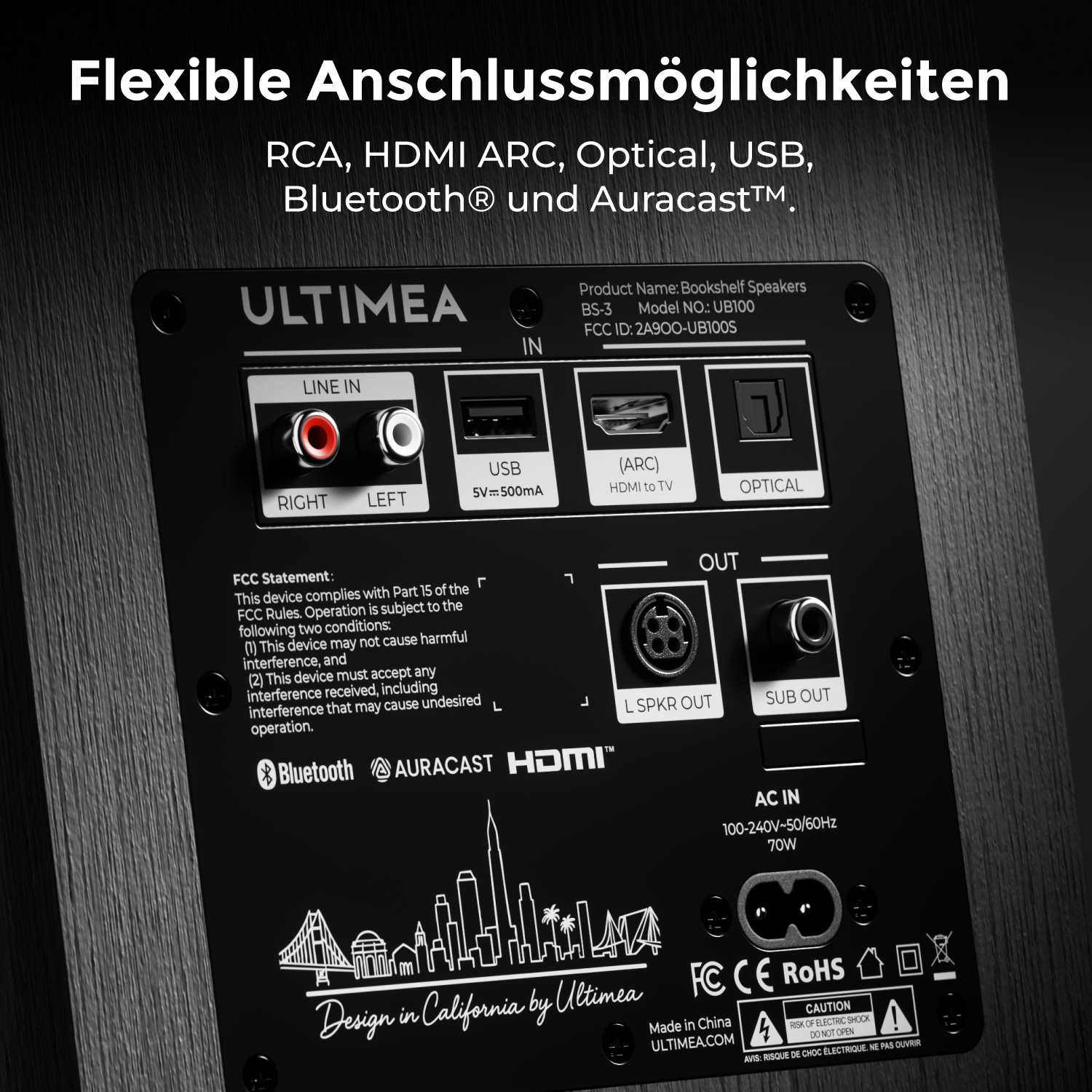 Anschlussfeld eines Lautsprechers mit RCA, USB, HDMI, optischen Eingängen und Lautsprecher-/Subwoofer-Ausgängen.