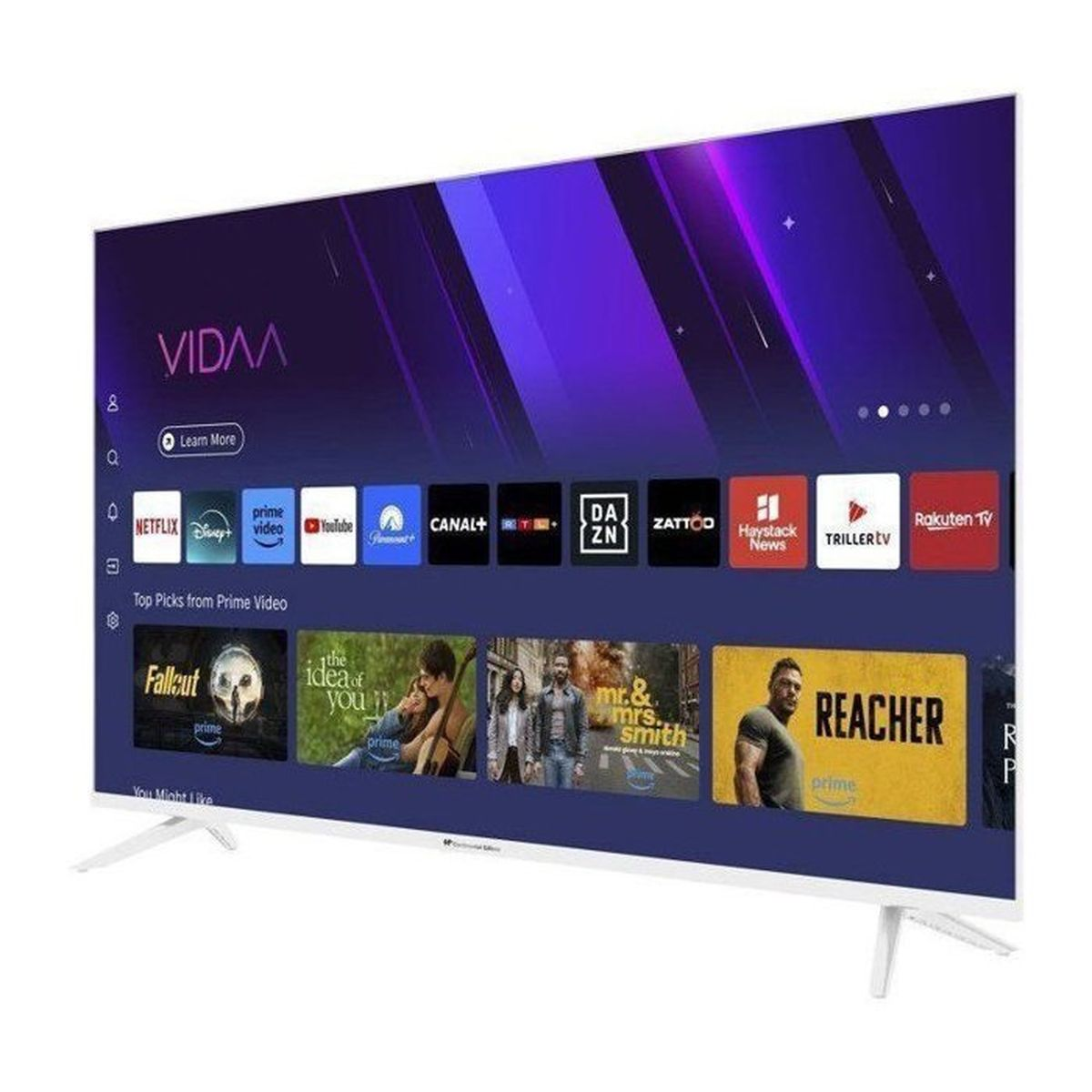Un televisore bianco mostra la schermata principale di VIDAA con icone di app e suggerimenti di film.