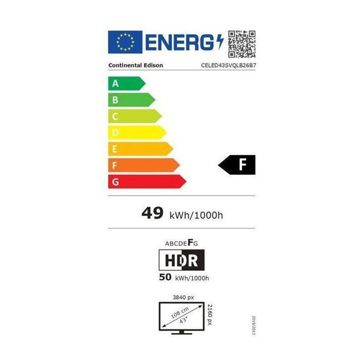 Etichetta energetica TV Continental Edison, classe F, 49 kWh/1000h, HDR.