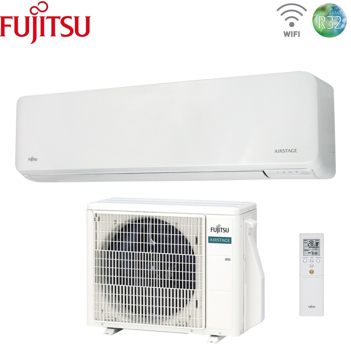 Condizionatore Fujitsu: unità interna, esterna, telecomando, WiFi e R32.