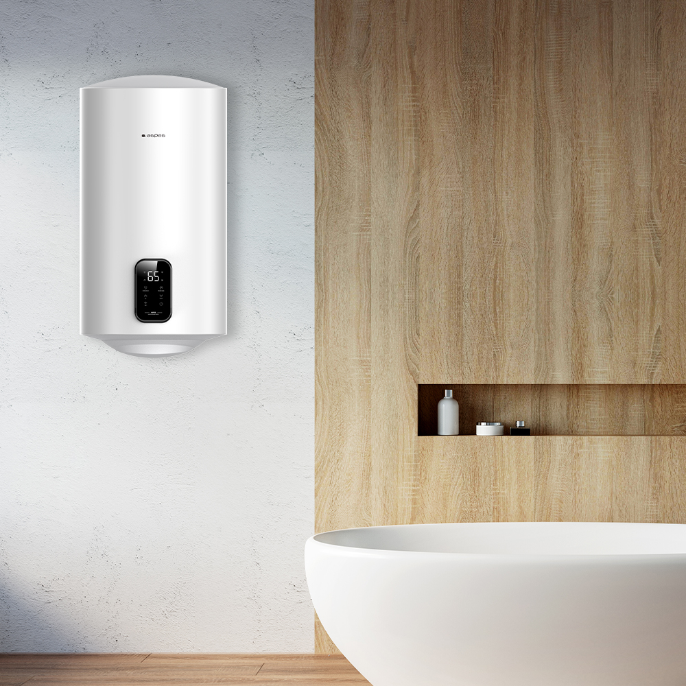 Un calentador de agua blanco con pantalla digital en una pared blanca junto a un acento de madera.