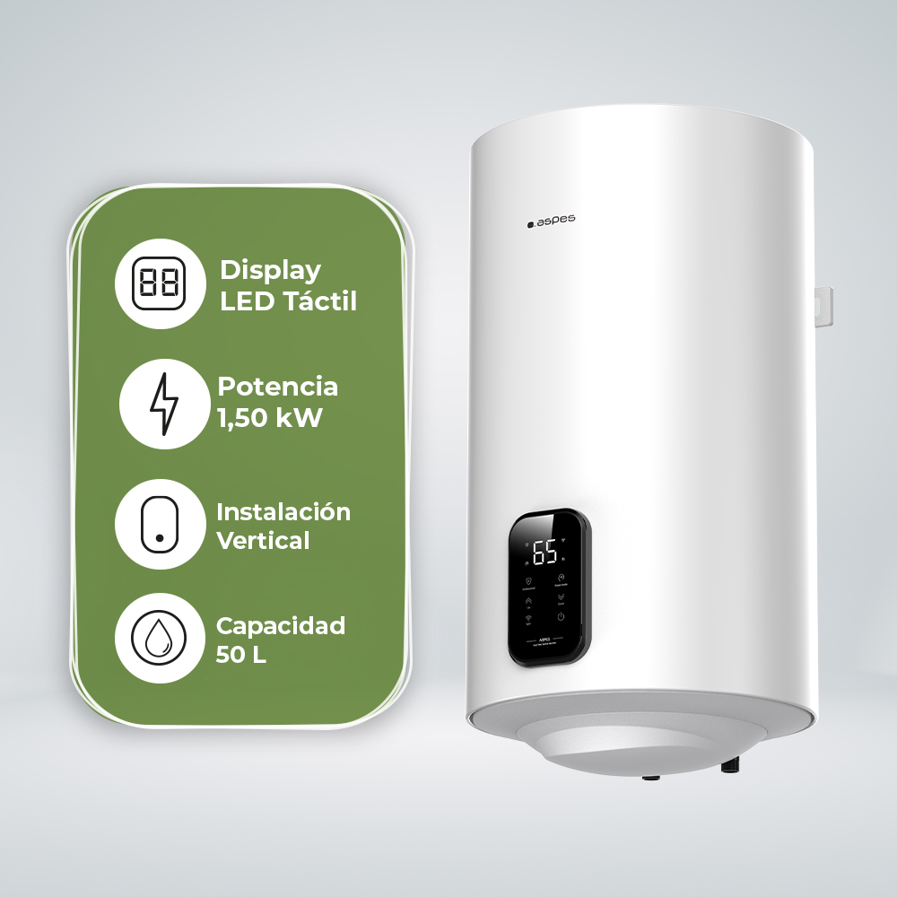 Calentador de agua blanco con pantalla táctil, potencia 1,50 kW, instalación vertical, 50 L.