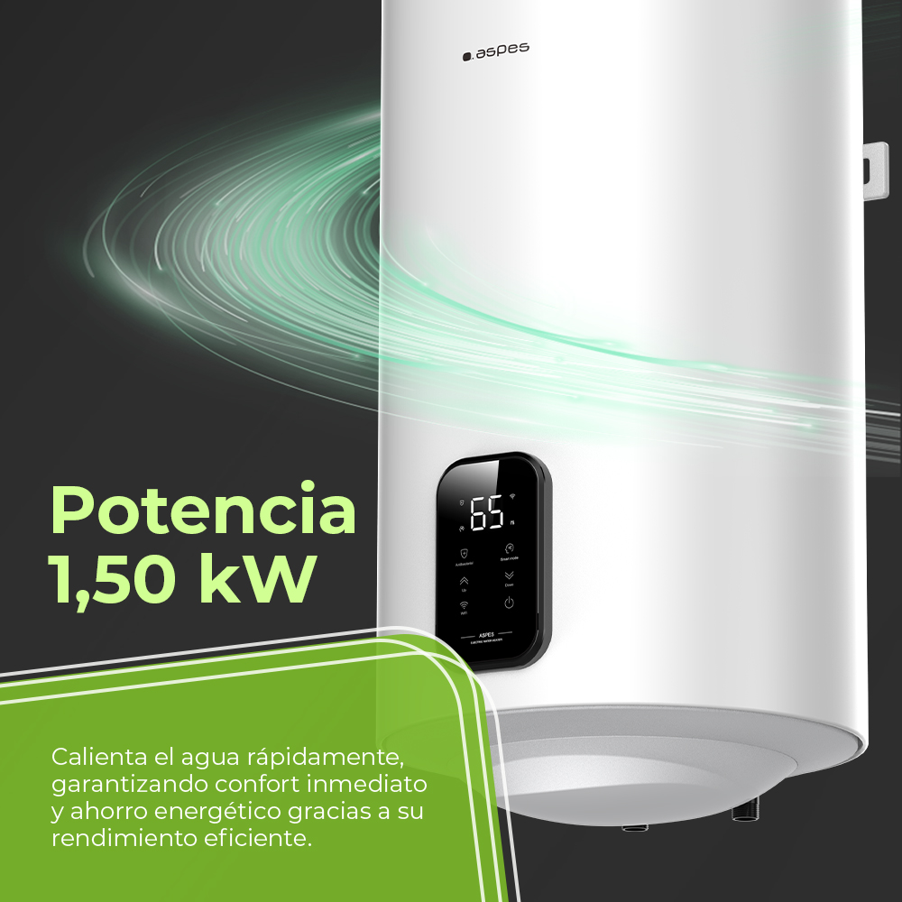 Un calentador de agua blanco con pantalla digital que muestra 65°C.