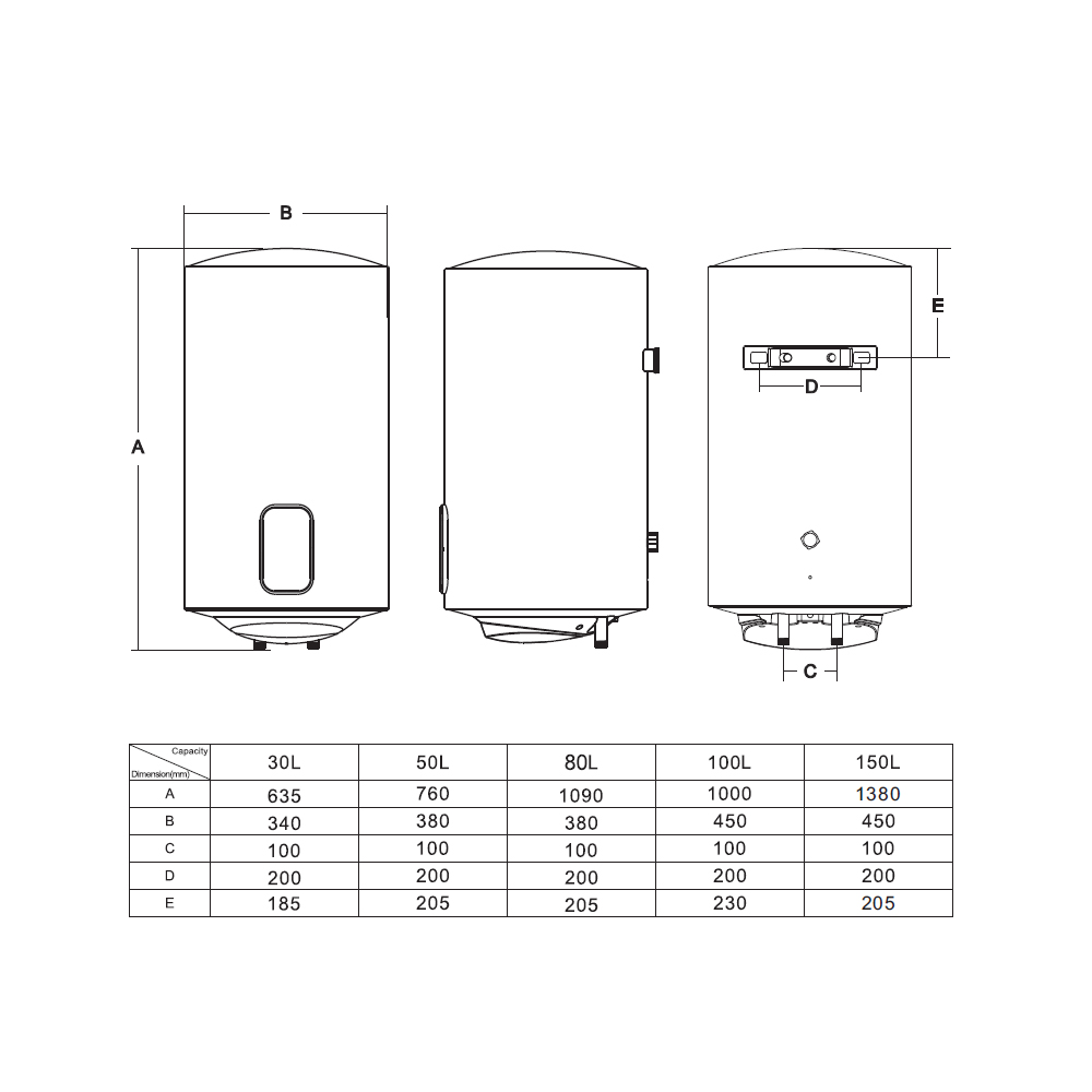 Dibujos técnicos de calentadores de agua con dimensiones y capacidades.