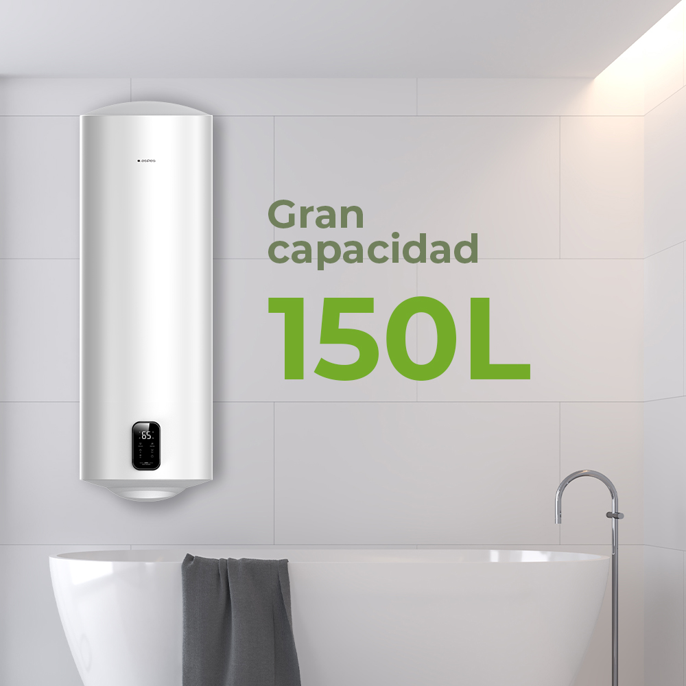 Un calentador de agua blanco de 150L junto a una bañera. Texto "Gran capacidad 150L".