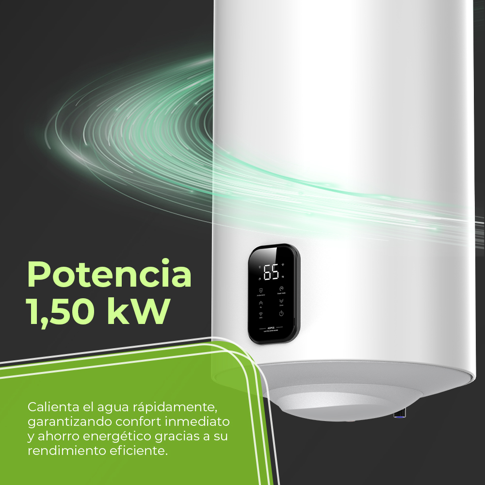 Un calentador de agua blanco con pantalla digital (65°) y líneas de luz verdes.