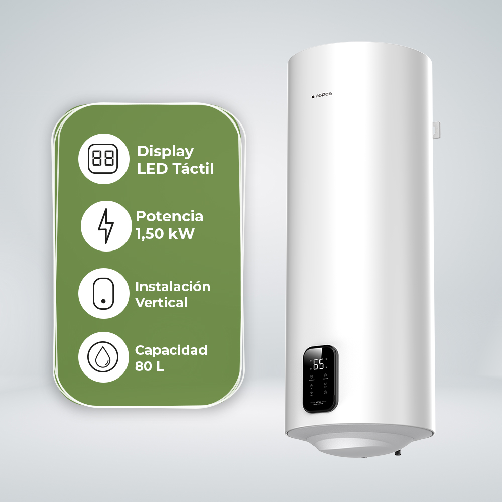 Calentador con pantalla LED, 1,50 kW, instalaci0n vertical, capacidad 80 L.