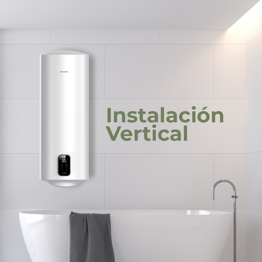 Un calentador de agua blanco montado sobre una bañera con una toalla gris.