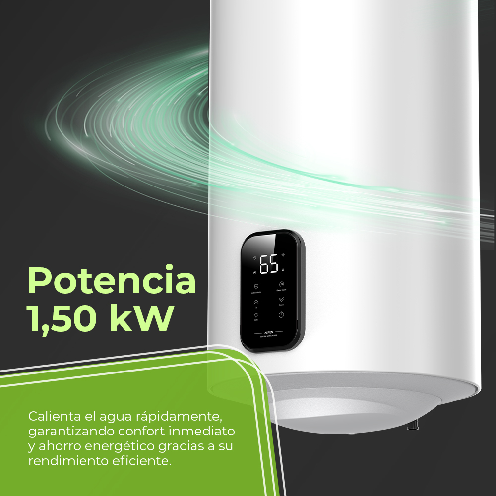 Un calentador de agua blanco con pantalla digital muestra 65°C.