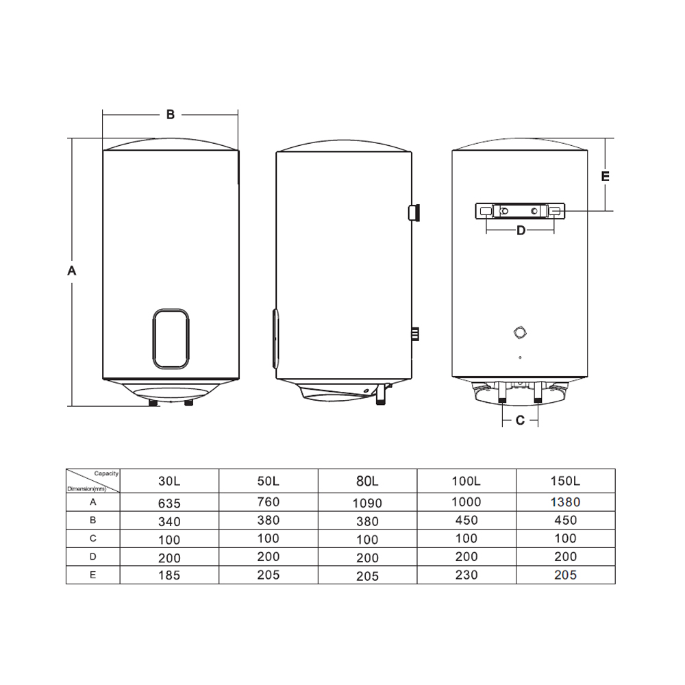 Dibujo técnico de un calentador de agua con dimensiones y capacidades.