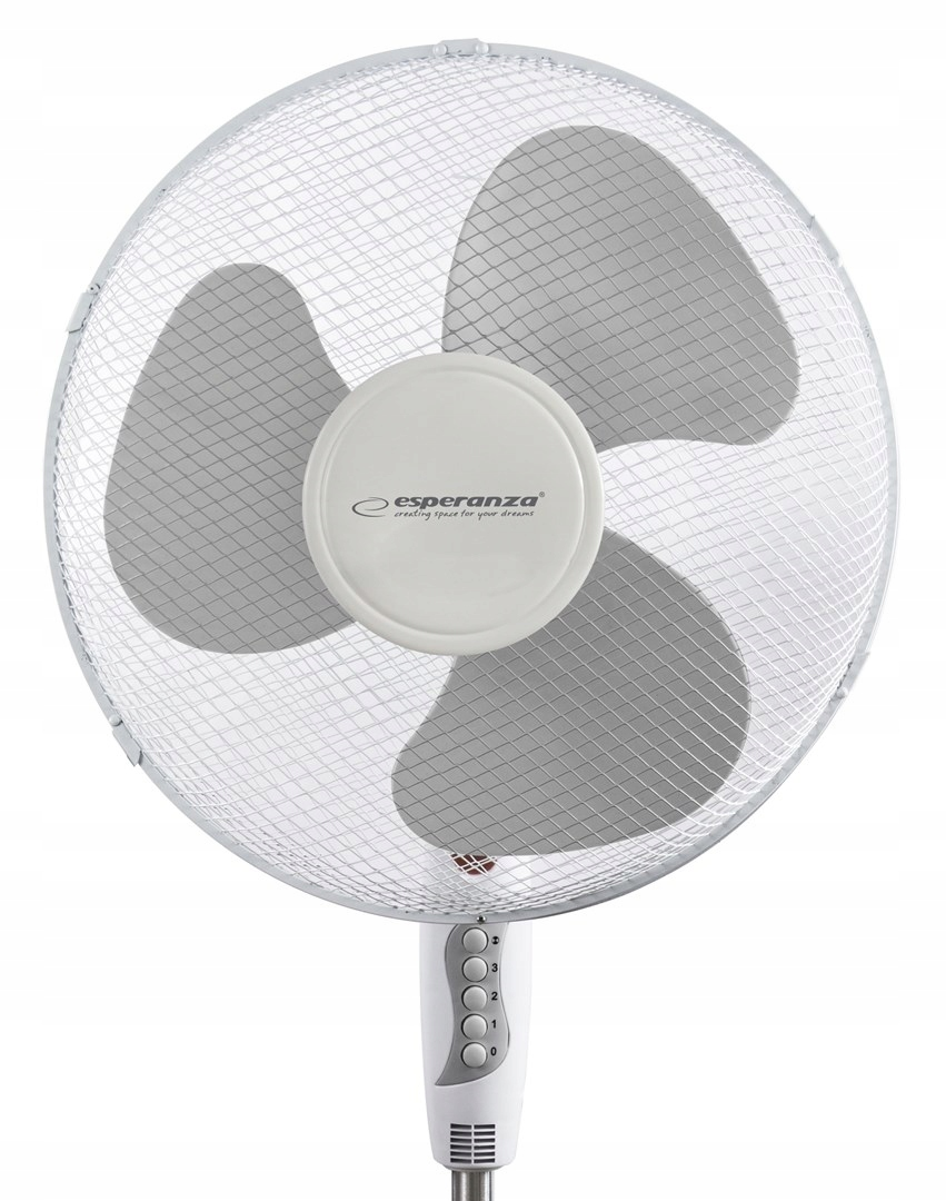 Ventilatore da terra bianco con tre pale grigie e griglia di sicurezza argentata.