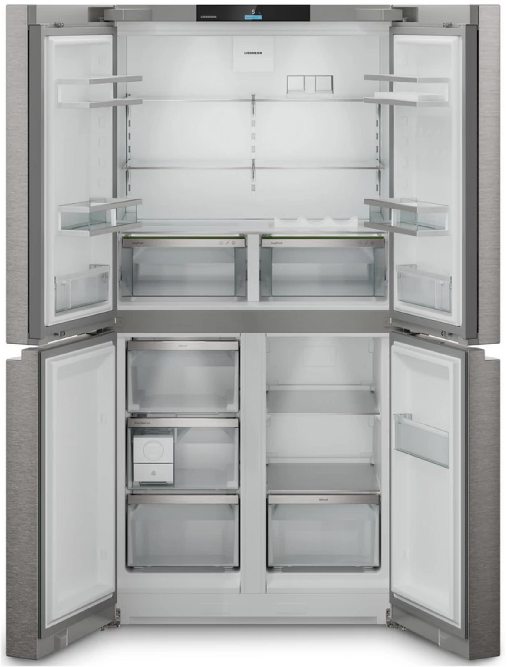 Ein leerer Kühlschrank mit offenen Türen, Regalbrettern und Schubladen.
