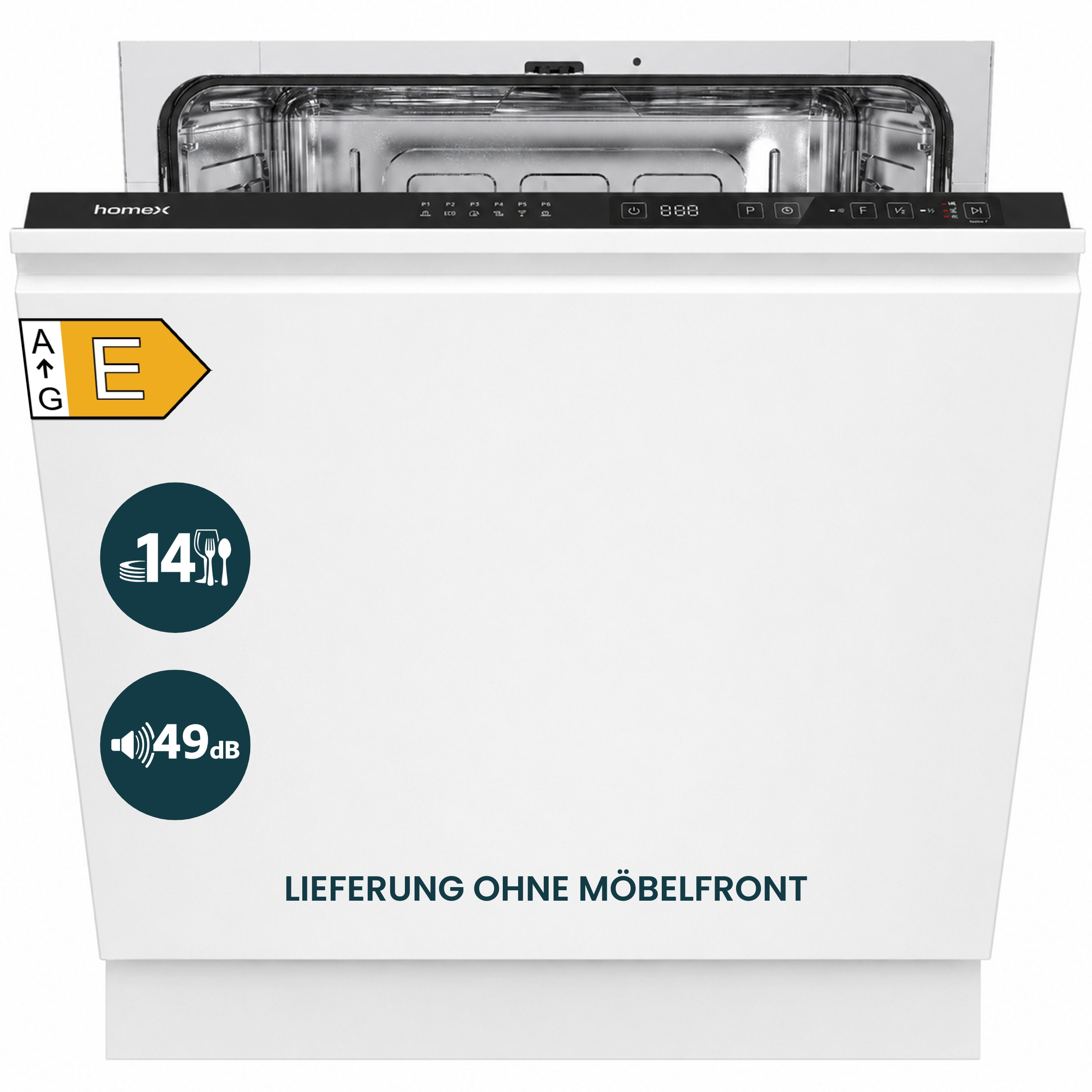 Weiße Spülmaschine mit offener Tür, Energieeffizienzklasse E, 14 Maßgedecke, 49 dB.